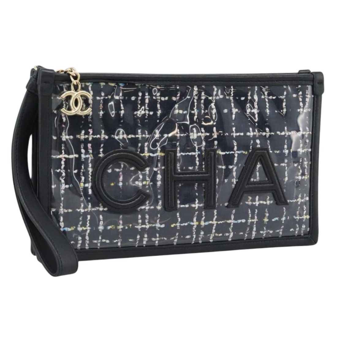 CHANEL CC Vinyl Clutch Black Gold Womens Bag: CHANEL CC Vinyl Clutch Black Gold Womens Bag CHANEL clutch bag in black and gold vinyl, made in Italy. This women's clutch bag measures approximately 24 cm W x 14 cm H x 2 cm D (9.4 x 5.5 x 0.8 in). I