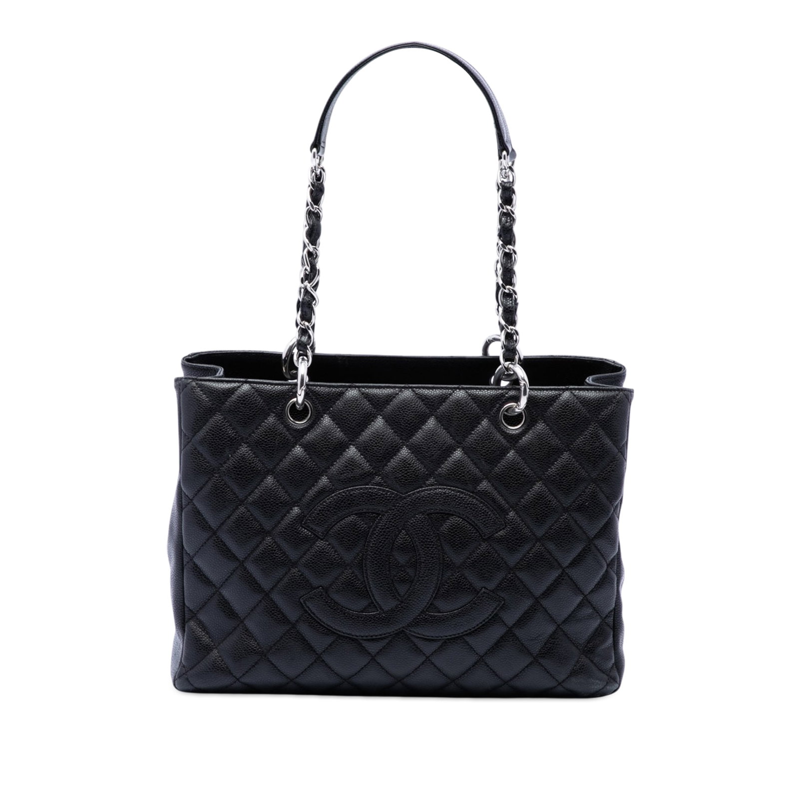 Chanel Grand Shopping Tote in Black Caviar Leather: Chanel Grand Shopping Tote in Black Caviar Leather Chanel Grand Shopping Tote crafted in quilted Caviar leather with leather-woven chain shoulder straps and a leather shoulder guard. The bag features 