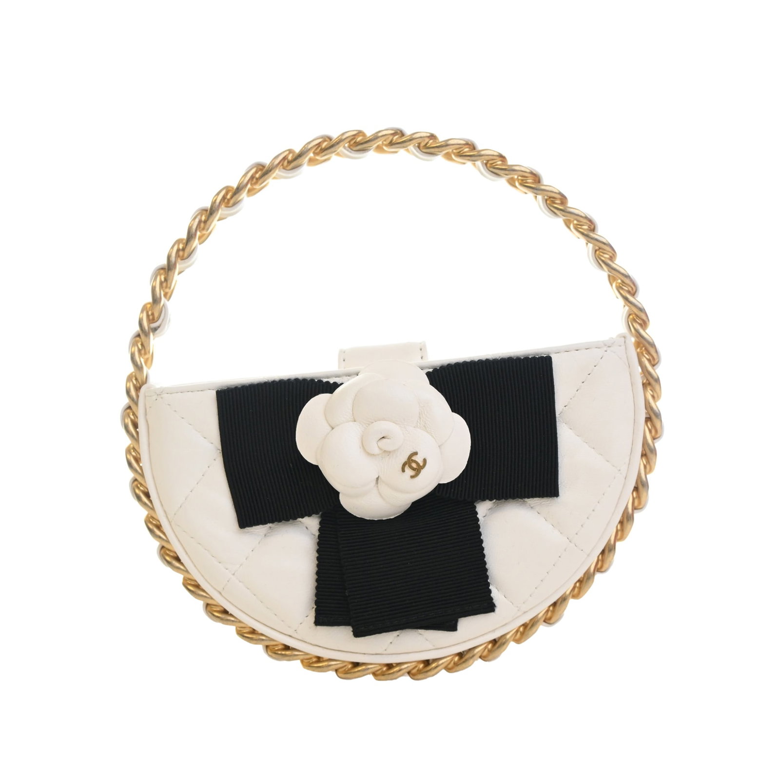 Chanel Camellia Round Mini Clutch in White Lambskin: Chanel Camellia Round Mini Clutch in White Lambskin Round Chanel clutch crafted in quilted white lambskin leather with camellia detailing. The design features a leather-woven metal handle and a top ma