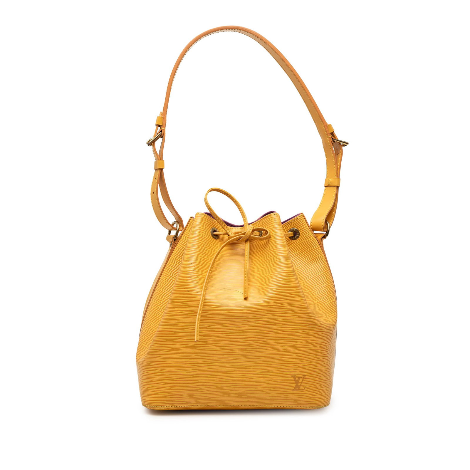 Louis Vuitton Petit Noe Yellow Epi Leather Bucket Bag: Louis Vuitton Petit Noe Yellow Epi Leather Bucket Bag Louis Vuitton Epi Petit Noe bucket bag in yellow epi leather with a drawstring top closure and flat leather shoulder strap. Made in France. Condit