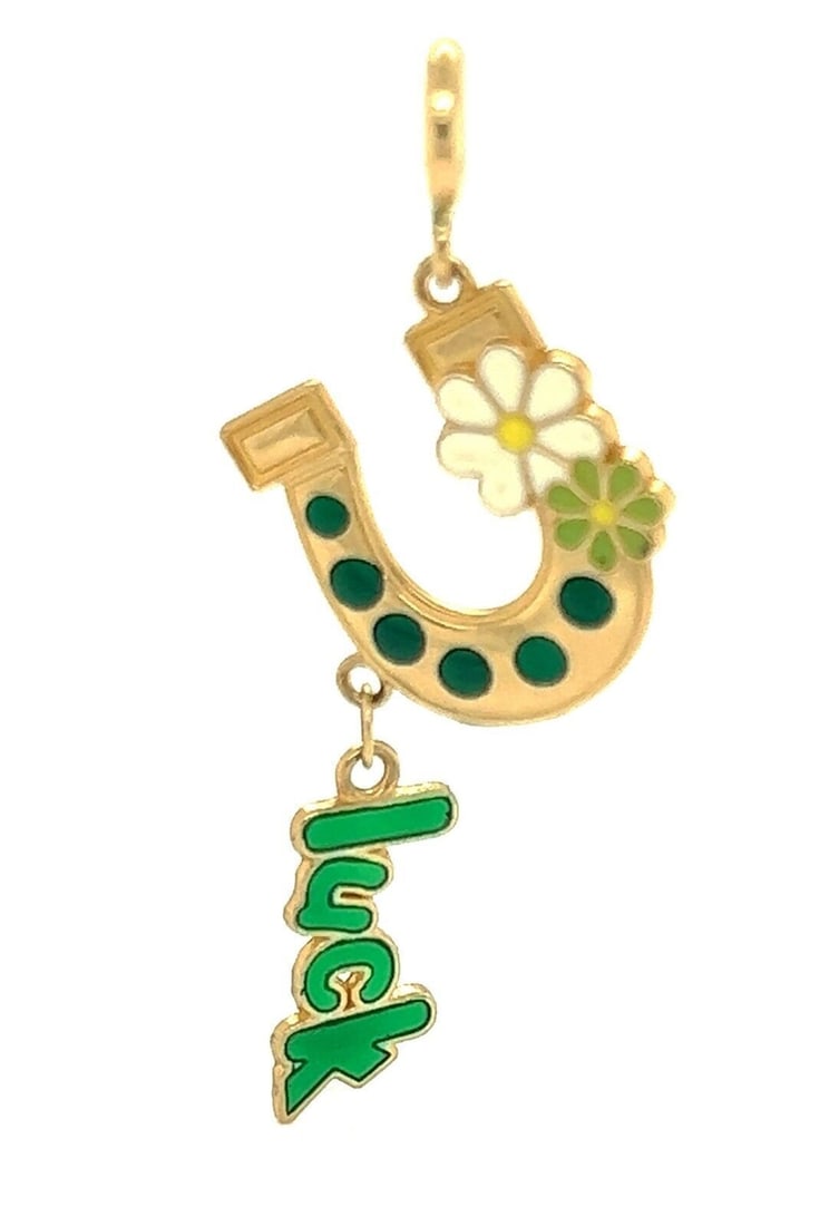 14k Yellow Gold Enamel Horseshoe Charm Pendant Irish Motif: 14k Yellow Gold Enamel Horseshoe Charm Pendant Irish Motif Vintage Irish-inspired lucky horseshoe charm pendant crafted in 14k yellow gold with enamel detailing. This original fine jewelry piece is un
