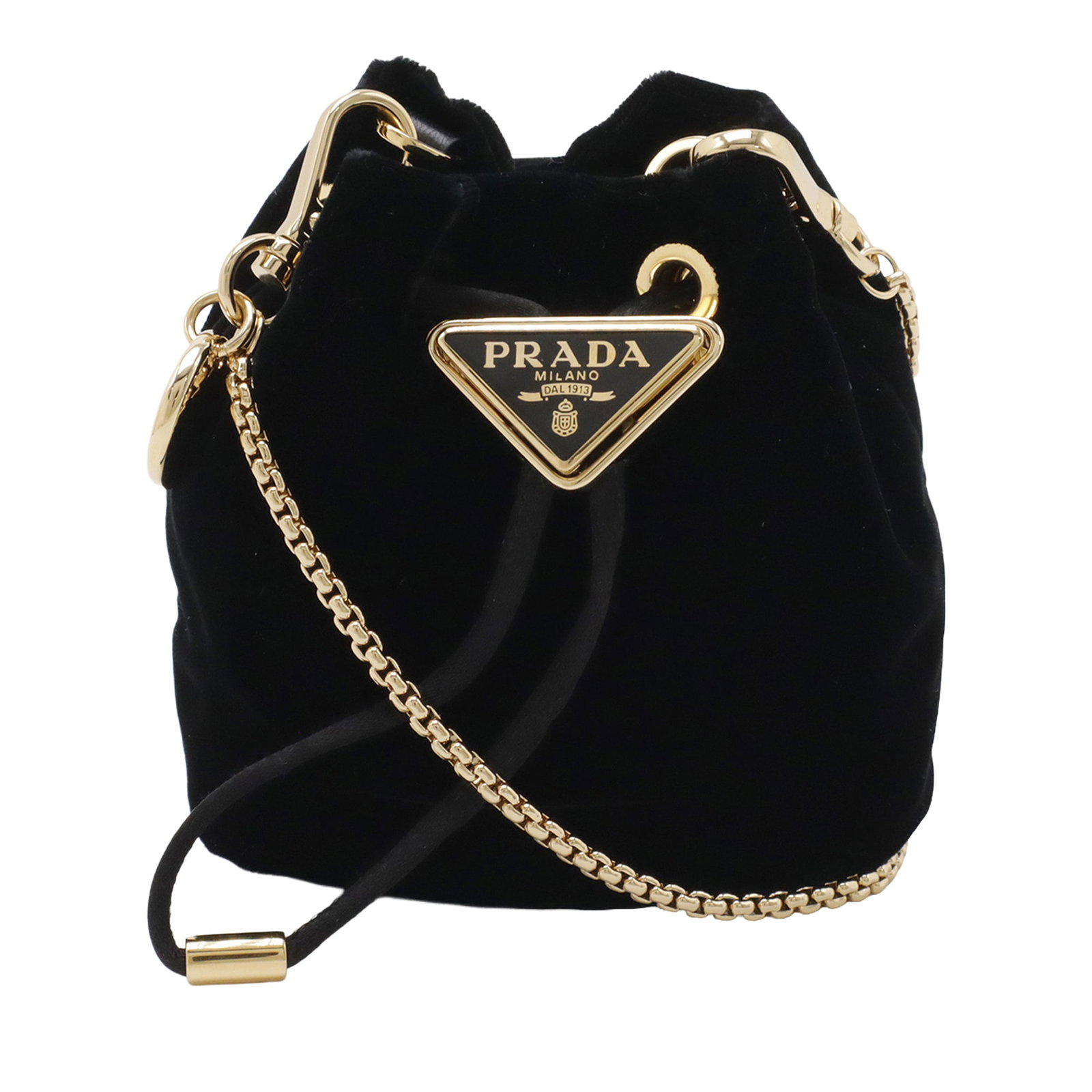 Prada Mini Velluto velvet drawstring crossbody bag: Prada Mini Velluto velvet drawstring crossbody bag Prada Mini Velluto Drawstring Pouch in black velvet with a detachable chain link shoulder strap and an open top drawstring closure. Made in Italy. Co