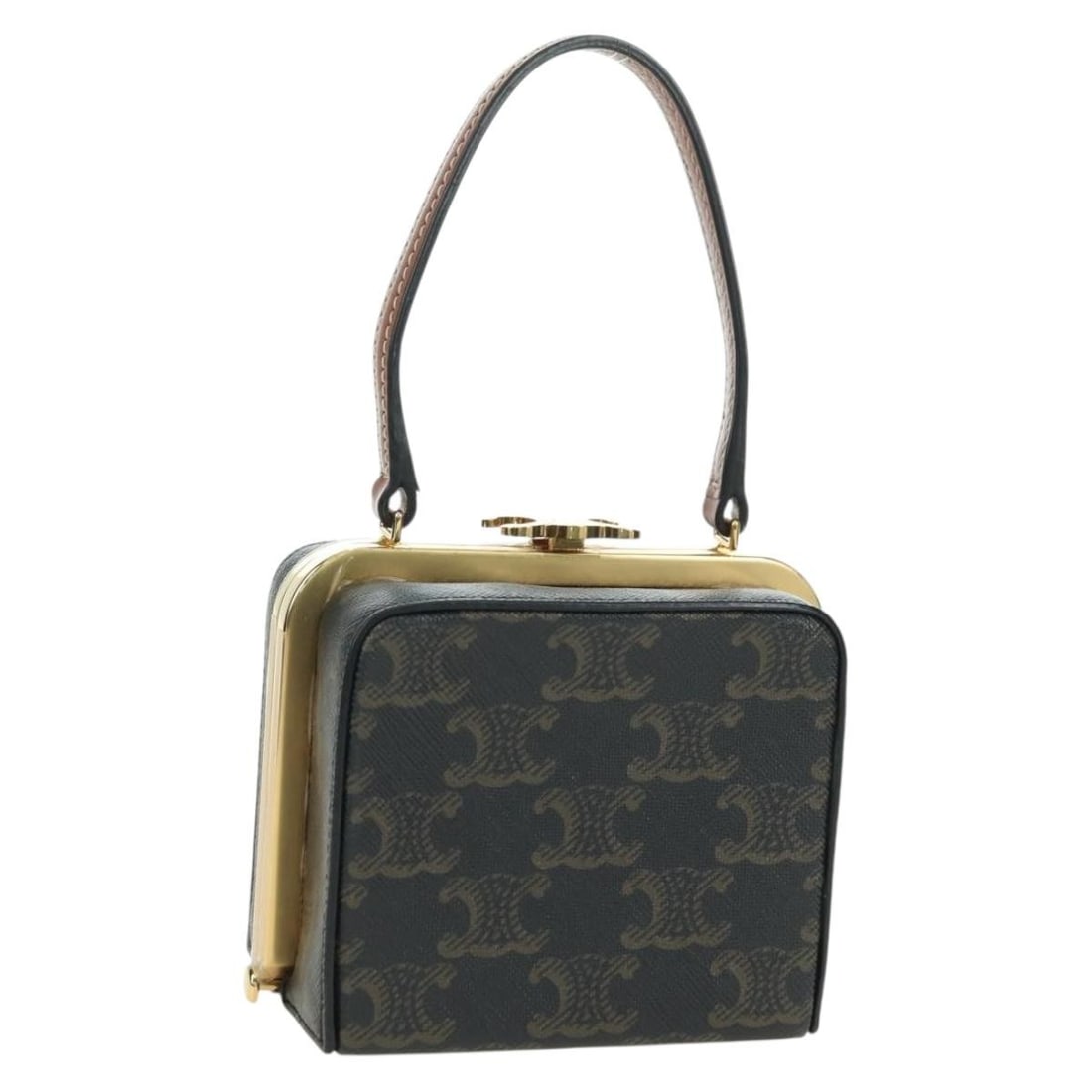CELINE Triomphe Mini Vanity Case in Black Macadam Canvas PVC Leather: CELINE Triomphe Mini Vanity Case in Black Macadam Canvas PVC Leather CELINE Triomphe Macadam Canvas Mini Vanity Case in black and gold, made in Italy from PVC leather and Macadam canvas. This women's 