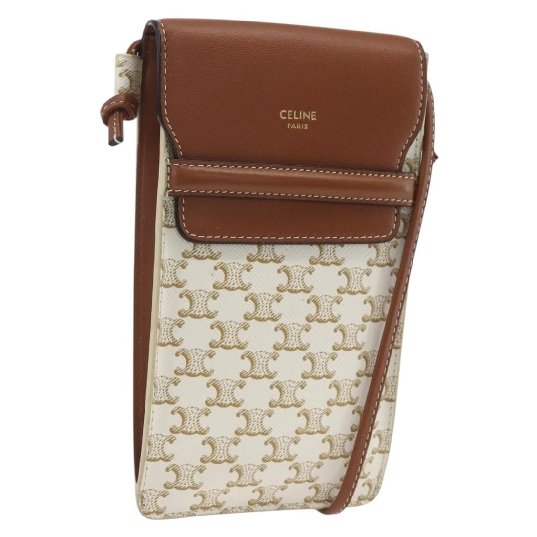 CELINE Triomphe Beige PVC Leather Shoulder Pouch Bag: CELINE Triomphe Beige PVC Leather Shoulder Pouch Bag CELINE Triomphe pouch shoulder bag in beige PVC leather and Macadam canvas, made in Italy. This women's shoulder bag measures approximately 10 cm w