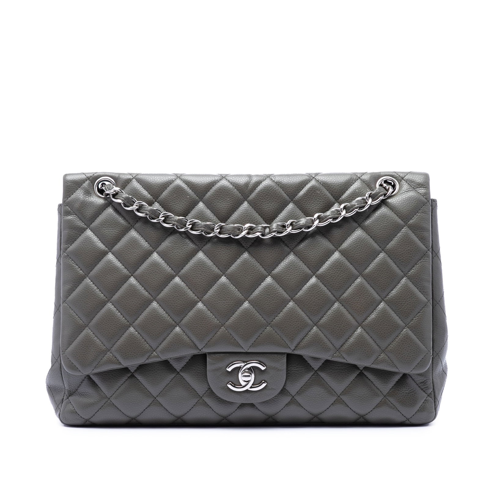 Chanel Maxi Classic Single Flap Gray Caviar Leather Shoulder Bag: Chanel Maxi Classic Single Flap Gray Caviar Leather Shoulder Bag Chanel Maxi Classic Caviar Single Flap shoulder bag in gray quilted caviar leather. This bag features leather-woven chain link straps, 
