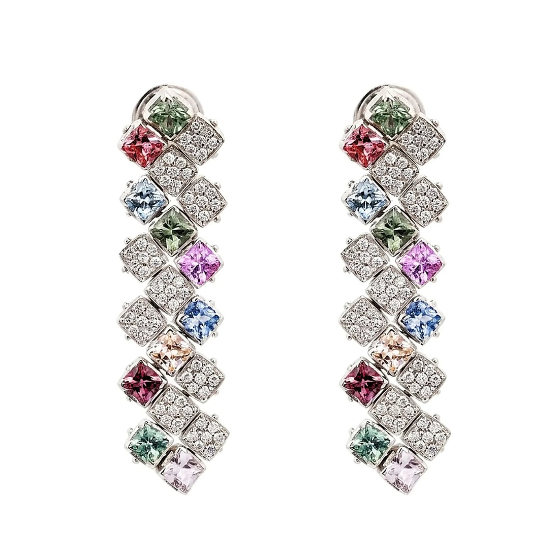 Piero Milano 18K White Gold Drop Earrings with Multicolor Sapphires and Diamonds: Piero Milano 18K White Gold Drop Earrings with Multicolor Sapphires and Diamonds Pre-owned Piero Milano drop earrings crafted in 18k white gold with a dangle design featuring multicolor sapphires and 
