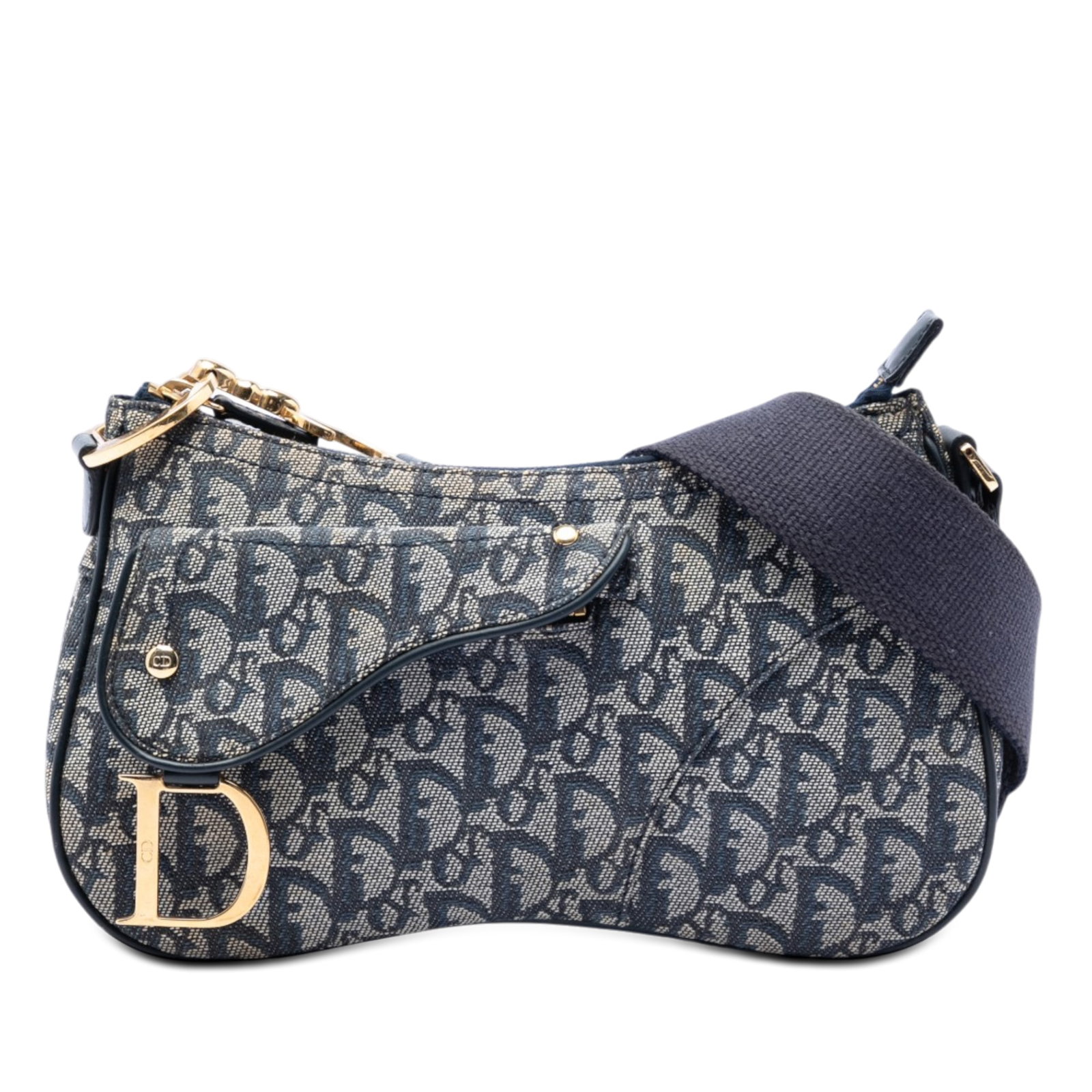 Dior Double Saddle Crossbody in Blue Diorissimo Trotter Canvas: Dior Double Saddle Crossbody in Blue Diorissimo Trotter Canvas Diorissimo Trotter Canvas Double Saddle crossbody bag with a canvas body and leather trim. This blue bag features a flat strap, a front f