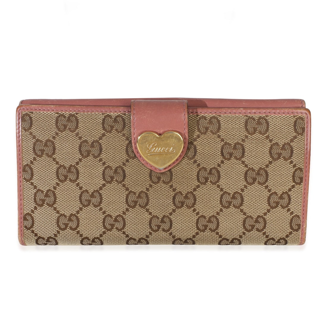 Gucci GG Supreme Heart Continental Wallet Beige Pink Canvas: Gucci GG Supreme Heart Continental Wallet Beige Pink Canvas Pre-owned Gucci continental wallet in GG Supreme canvas with a beige and pink colorway and heart motif. This snap-closure wallet features a 