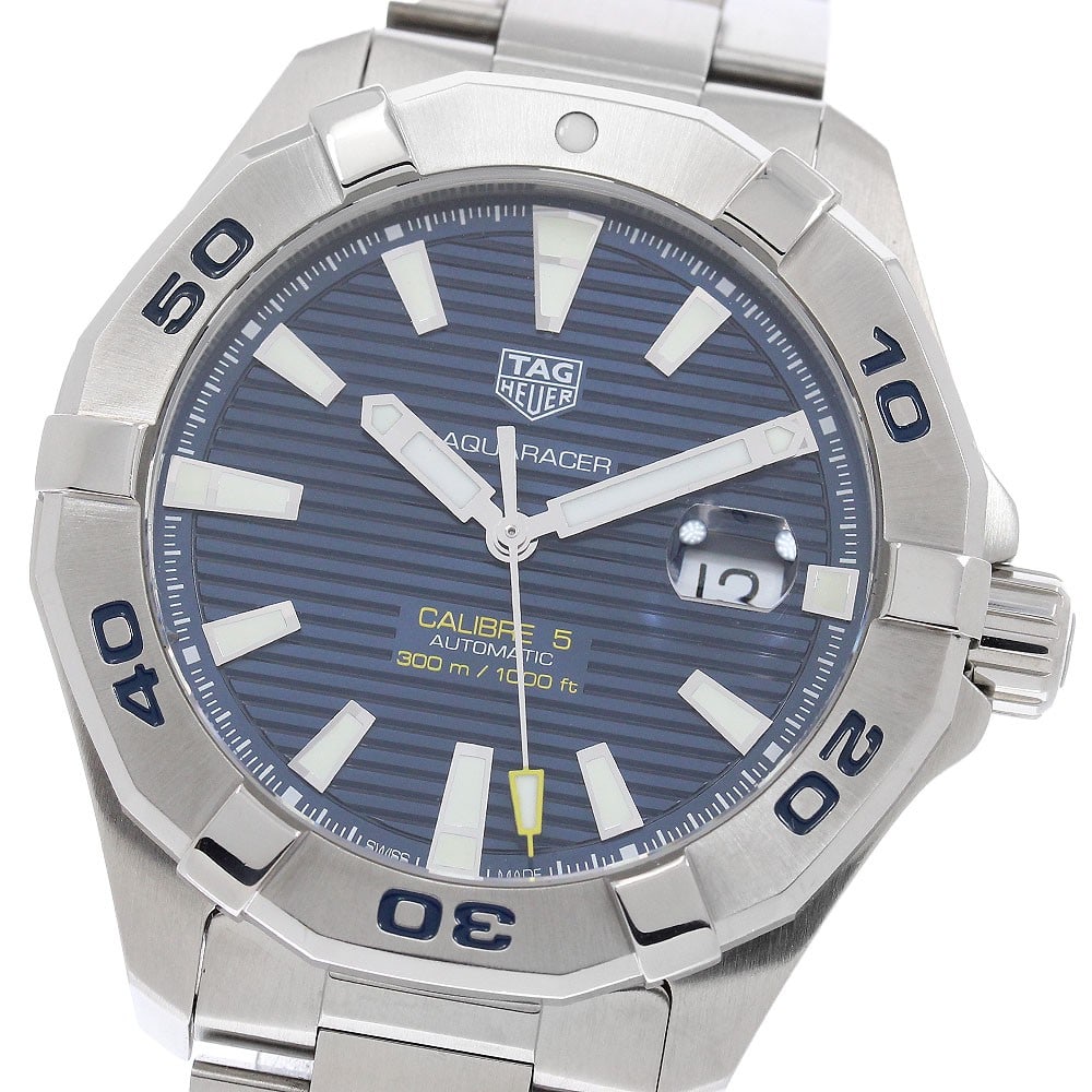 TAG Heuer Aquaracer WAY2012 mens automatic stainless steel watch: TAG Heuer Aquaracer WAY2012 mens automatic stainless steel watch Pre-owned TAG Heuer Aquaracer Caliber 5 automatic men's wristwatch with a navy dial, stainless steel case and stainless steel bracelet.
