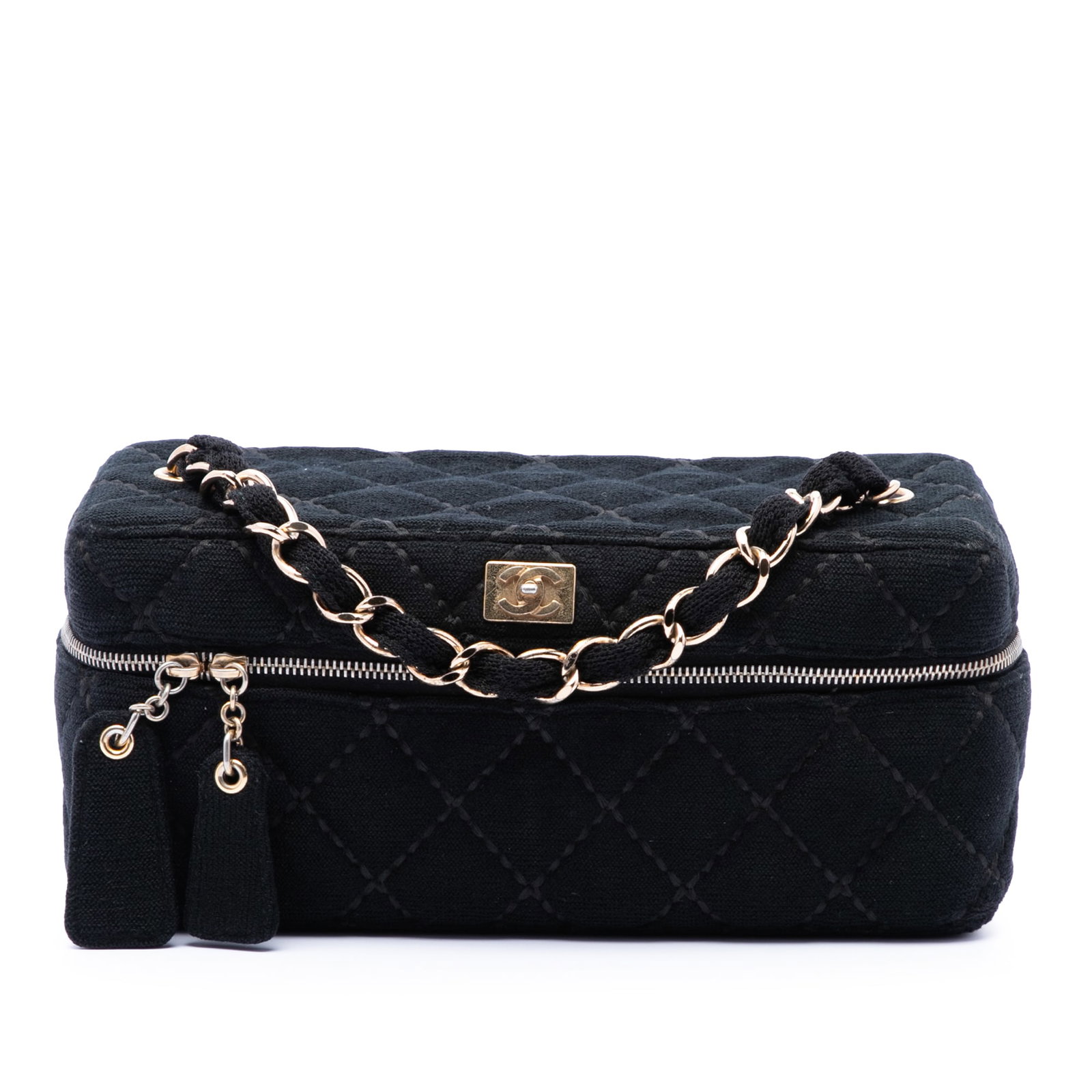 Chanel CC Wild Stitch Quilted Jersey Vanity Bag Black: Chanel CC Wild Stitch Quilted Jersey Vanity Bag Black Chanel CC Quilted Jersey Wild Stitch Vanity Bag in black, made in Italy. This bag features a quilted jersey body, a leather woven chain link handl