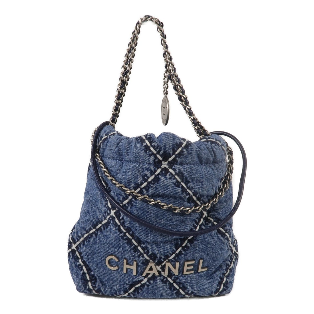 CHANEL AS3980 Chanel 22 Mini Denim 2way Shoulder Bag Blue: CHANEL AS3980 Chanel 22 Mini Denim 2way Shoulder Bag Blue A CHANEL 22 Mini 2-way shoulder bag in blue denim with a blue exterior and regular women's sizing. It features one interior open pocket and co