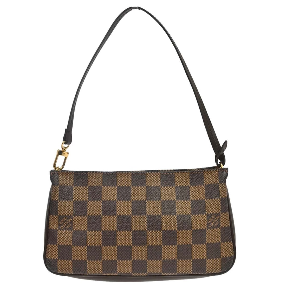 Louis Vuitton Pochette Accessoires Damier Ebene Mini Pouch N51983: Louis Vuitton Pochette Accessoires Damier Ebene Mini Pouch N51983 Louis Vuitton Damier Navona handbag in Ebene brown Damier canvas with leather trim and a zip closure. This mini top-handle pouch is ma