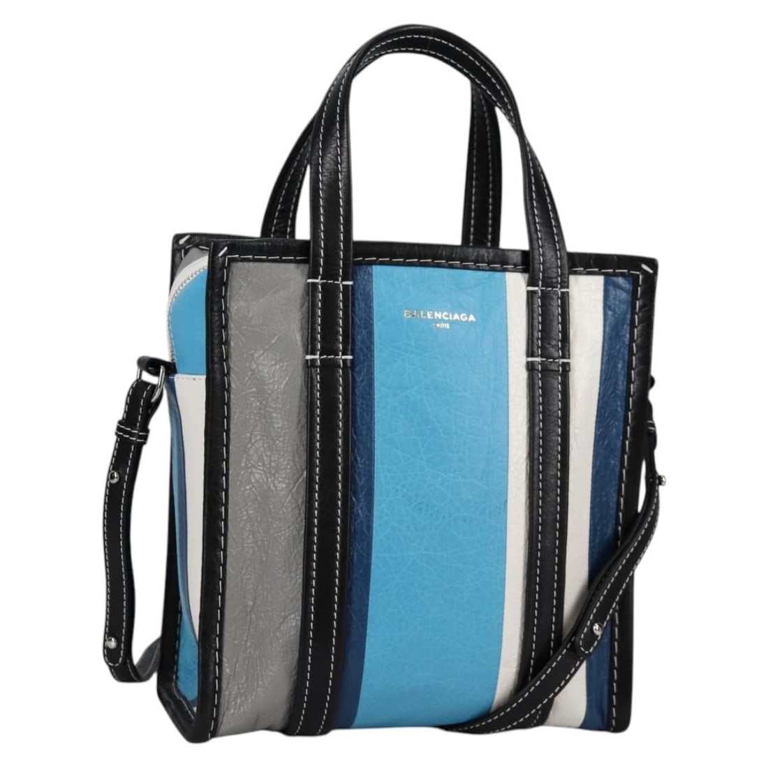 BALENCIAGA Blue Gray Leather 2way Handbag with Strap: BALENCIAGA Blue Gray Leather 2way Handbag with Strap Balenciaga 2-way handbag in blue/gray leather with top handles and a detachable shoulder strap. Made in Italy, this women's bag includes a dust bag