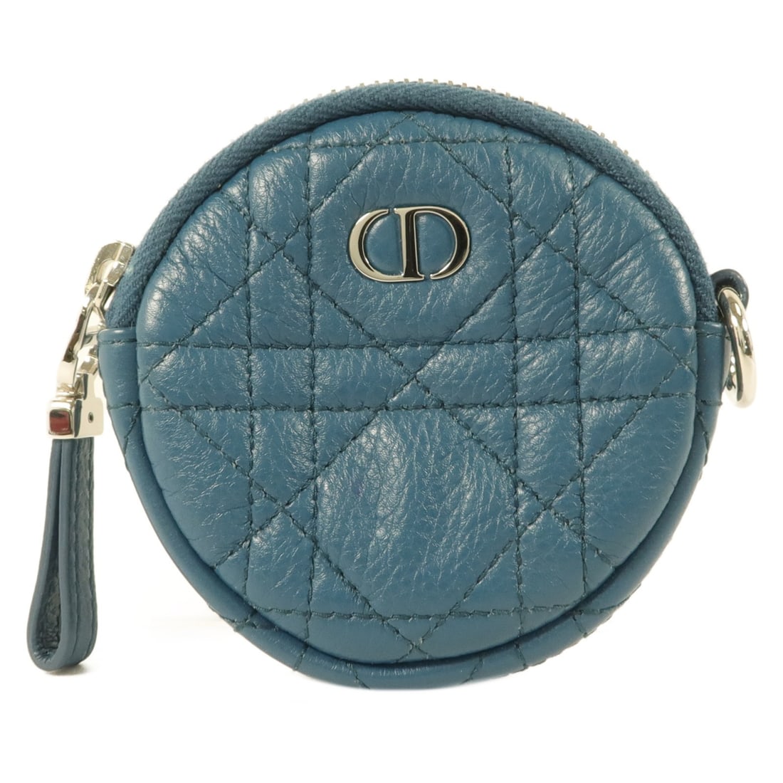 Dior Caro Round Coin Purse Blue Calfskin CD Silver Tone: Dior Caro Round Coin Purse Blue Calfskin CD Silver Tone Christian Dior Caro round coin purse in blue calfskin leather with CD SHW detailing. Designed for women, this compact coin purse features a fast