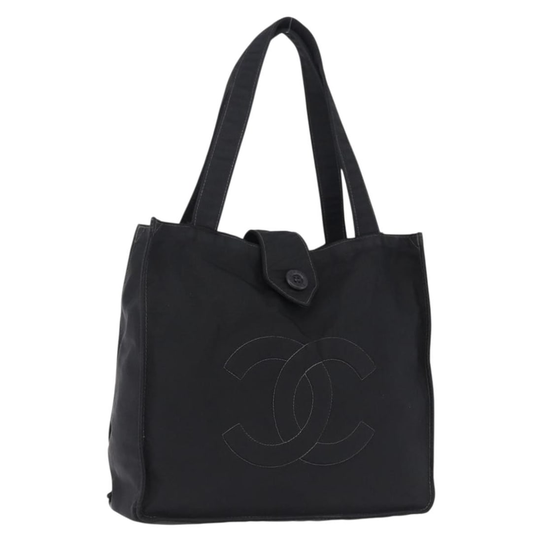 CHANEL Black Nylon Tote Bag with Gold CC: CHANEL Black Nylon Tote Bag with Gold CC Authentic CHANEL tote bag in black and gold nylon with a practical everyday silhouette. Made in France, this women's bag shows reasonable wear and tear consist