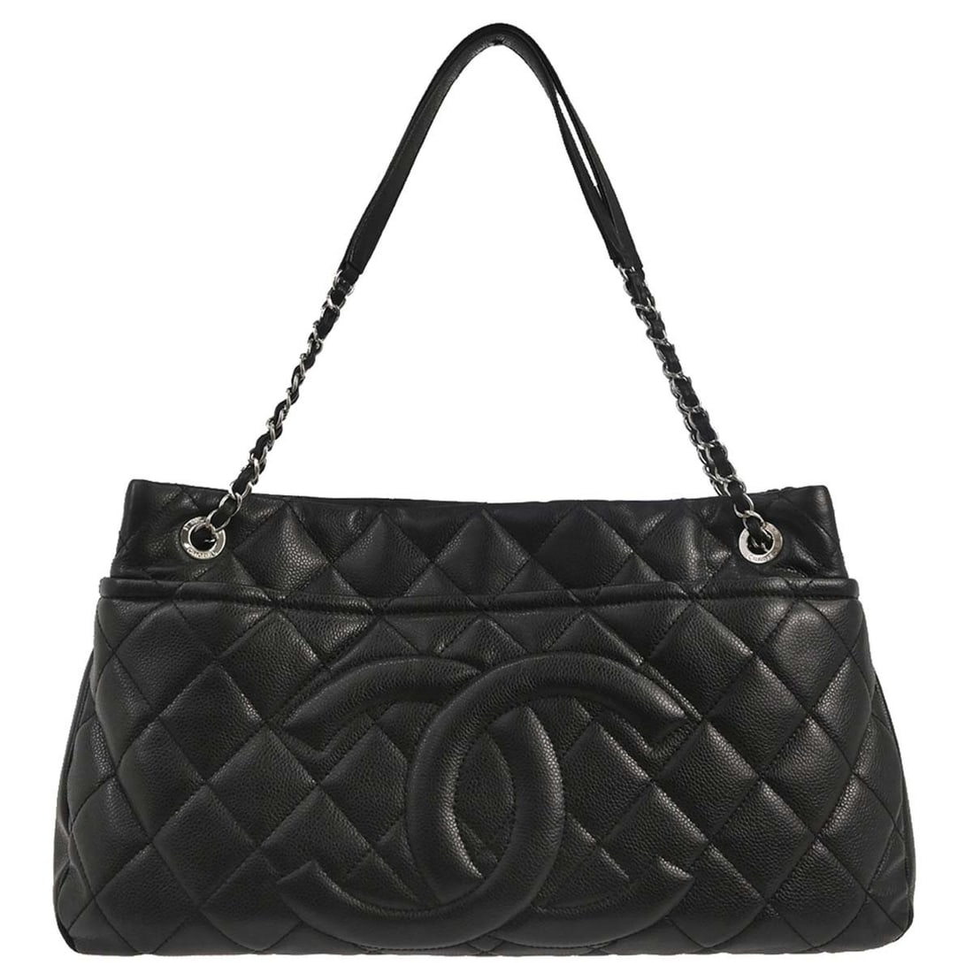 CHANEL Timeless CC Chain Tote in Black Caviar Leather: CHANEL Timeless CC Chain Tote in Black Caviar Leather Chanel Timeless CC Chain Tote bag in black caviar skin leather with double handles, logo accents, and multiple interior and exterior pockets. This