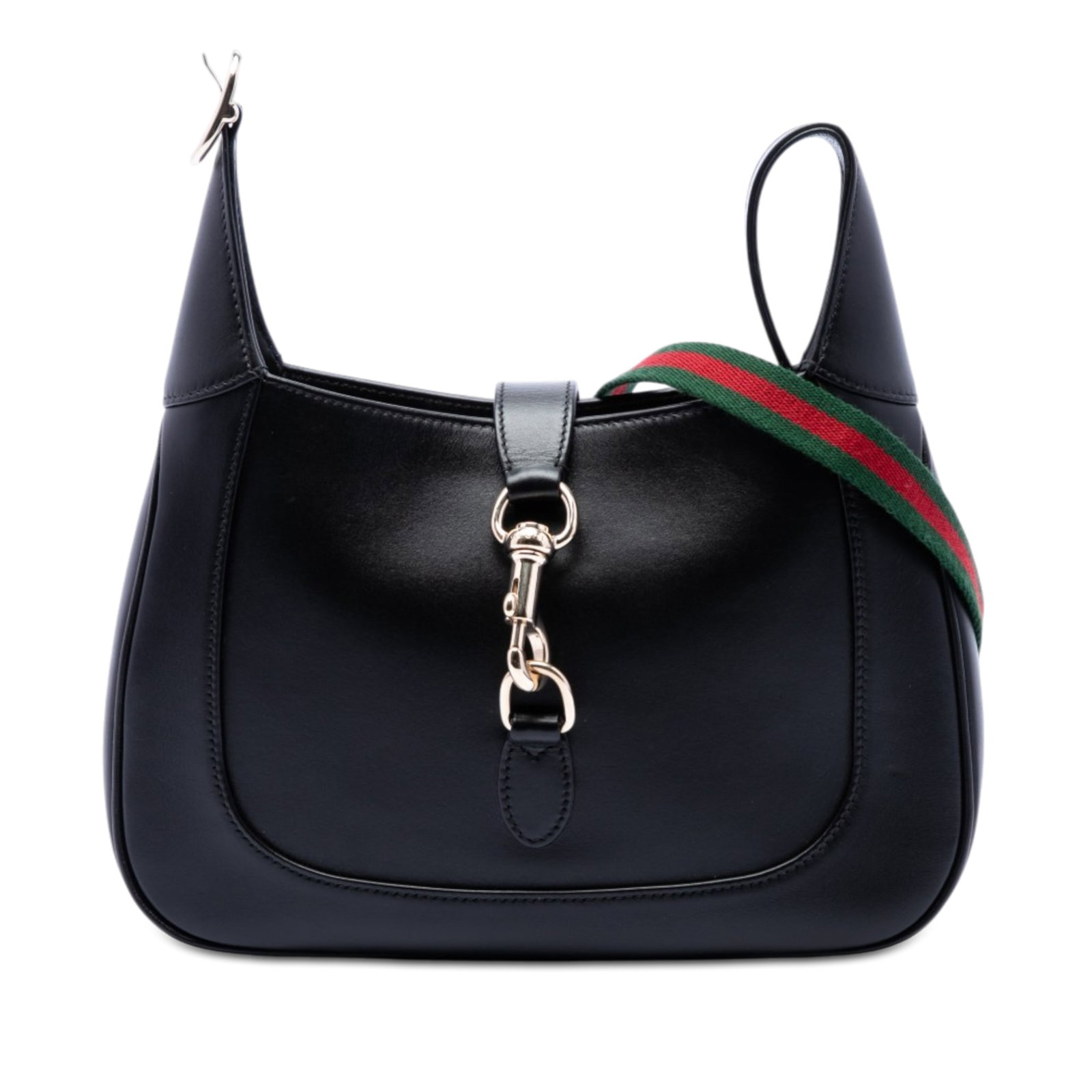 Gucci Jackie 1961 Small calfskin web crossbody bag: Gucci Jackie 1961 Small calfskin web crossbody bag Gucci Jackie 1961 small crossbody bag in black calfskin leather with the signature web detail. The bag features a flat leather shoulder strap, a deta