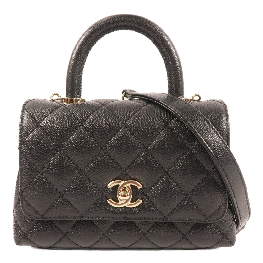 CHANEL Coco Handle Mini 2way Shoulder Bag Black Calfskin CC GHW: CHANEL Coco Handle Mini 2way Shoulder Bag Black Calfskin CC GHW A CHANEL Coco Handle Mini 2-way shoulder bag in black calfskin leather with GHW hardware. It features a turn lock closure, a top handle,