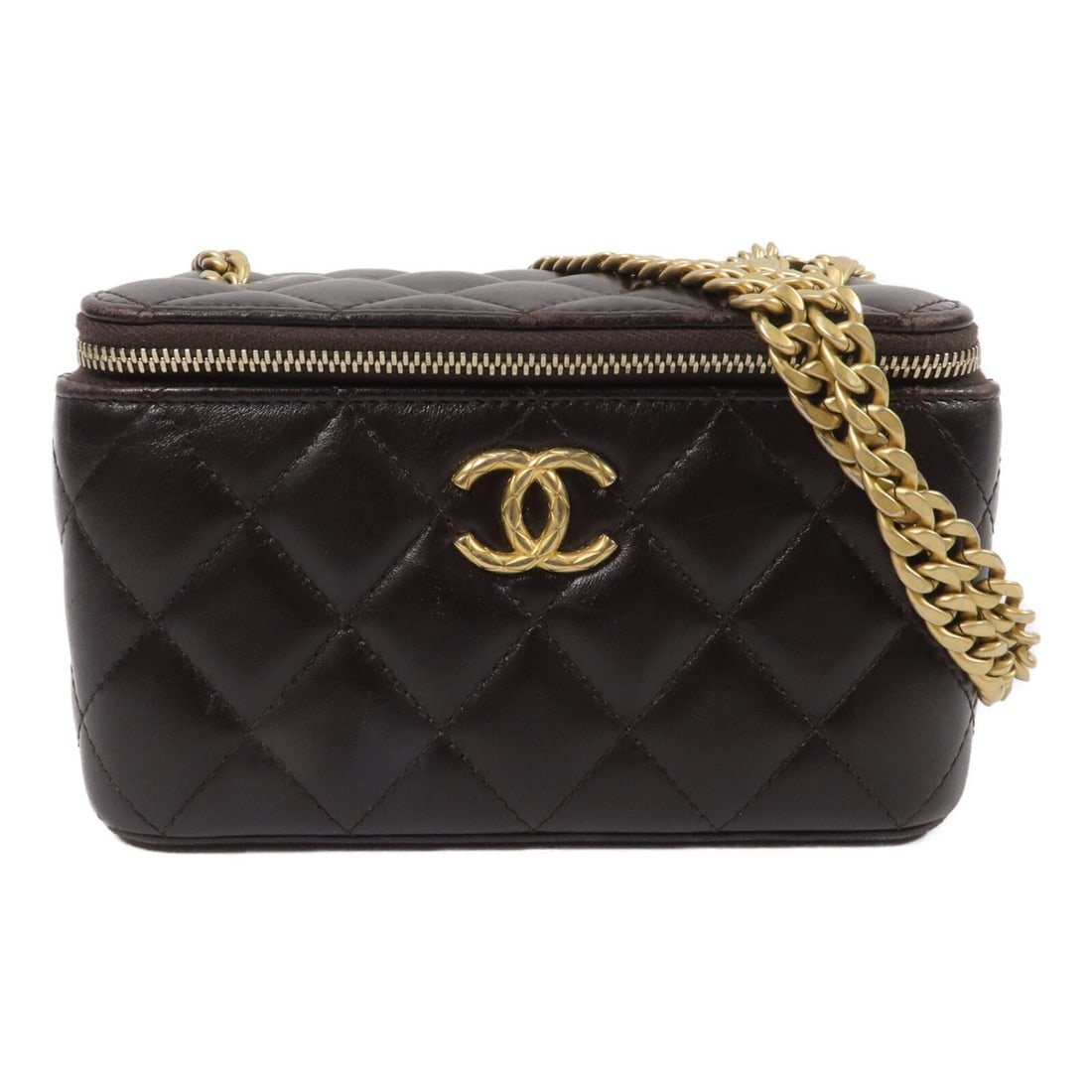 CHANEL AP3044 CC Vanity Chain Shoulder Bag Brown Lambskin: CHANEL AP3044 CC Vanity Chain Shoulder Bag Brown Lambskin Vanity case chain shoulder bag in brown lambskin leather with CC GHW styling. This women's shoulder bag features an interior card compartment 