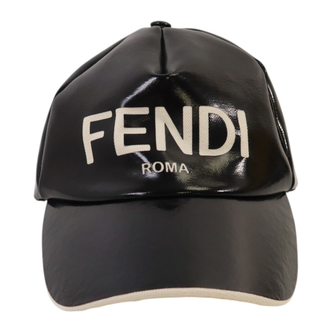 FENDI PVC Coated Canvas Baseball Cap Black Logo Print: FENDI PVC Coated Canvas Baseball Cap Black Logo Print FENDI baseball cap in black PVC coated canvas with a logo print design. It is a mens regular-size hat made in Italy and is offered in very good AB