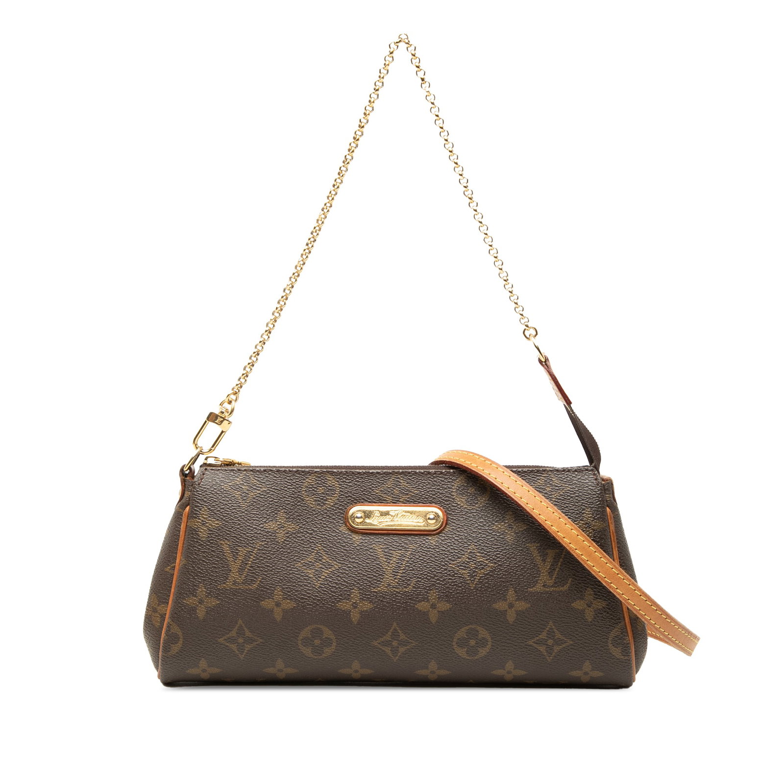 Louis Vuitton Monogram Eva shoulder bag with chain strap: Louis Vuitton Monogram Eva shoulder bag with chain strap Louis Vuitton Monogram Eva bag crafted with a monogram canvas body and vachetta leather trim. It features a gold-tone chain strap, a detachable