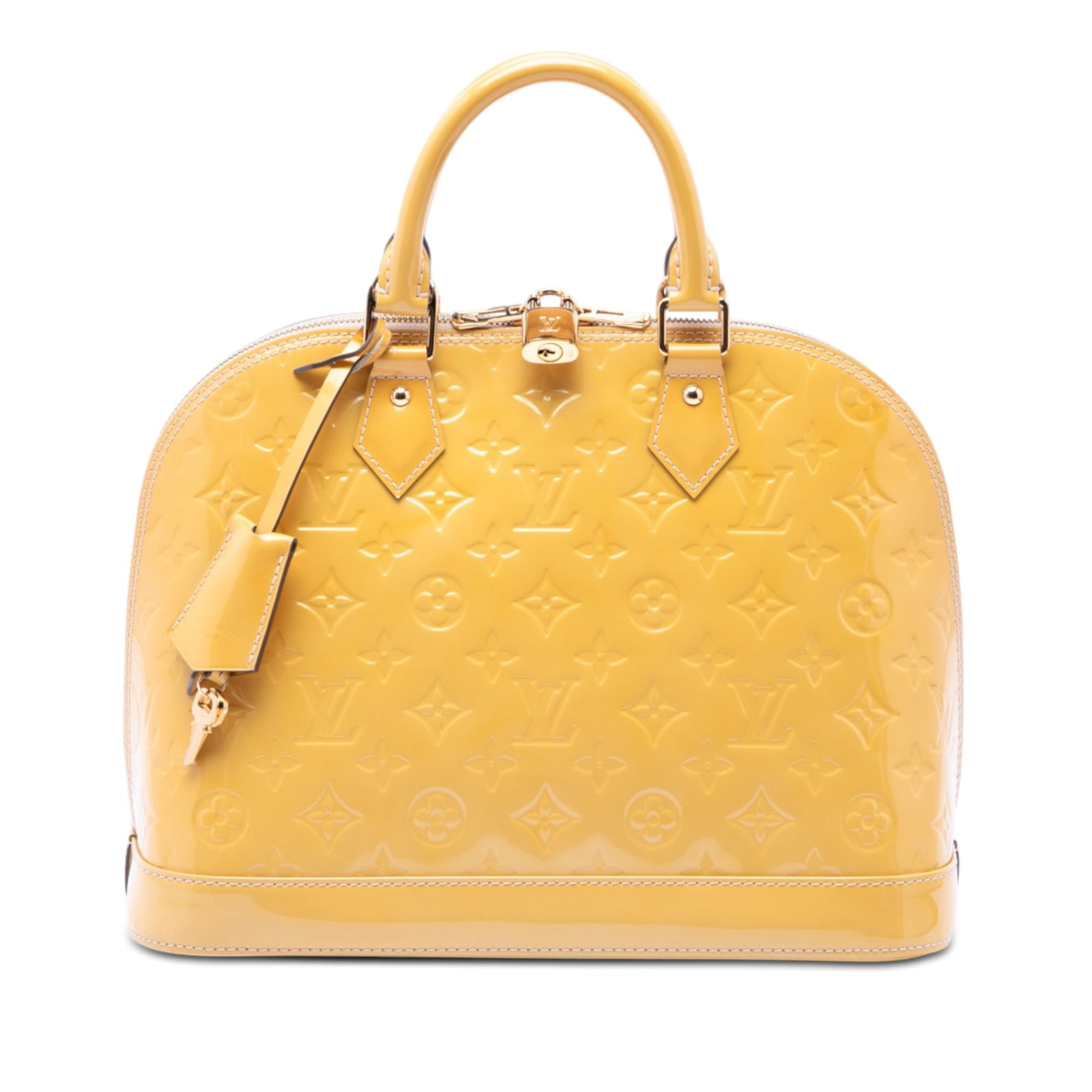 Louis Vuitton Alma PM Monogram Vernis Leather Handbag: Louis Vuitton Alma PM Monogram Vernis Leather Handbag Louis Vuitton Monogram Vernis Alma PM handbag in yellow leather with rolled leather handles, a zip-around top closure, and interior slip pockets. 