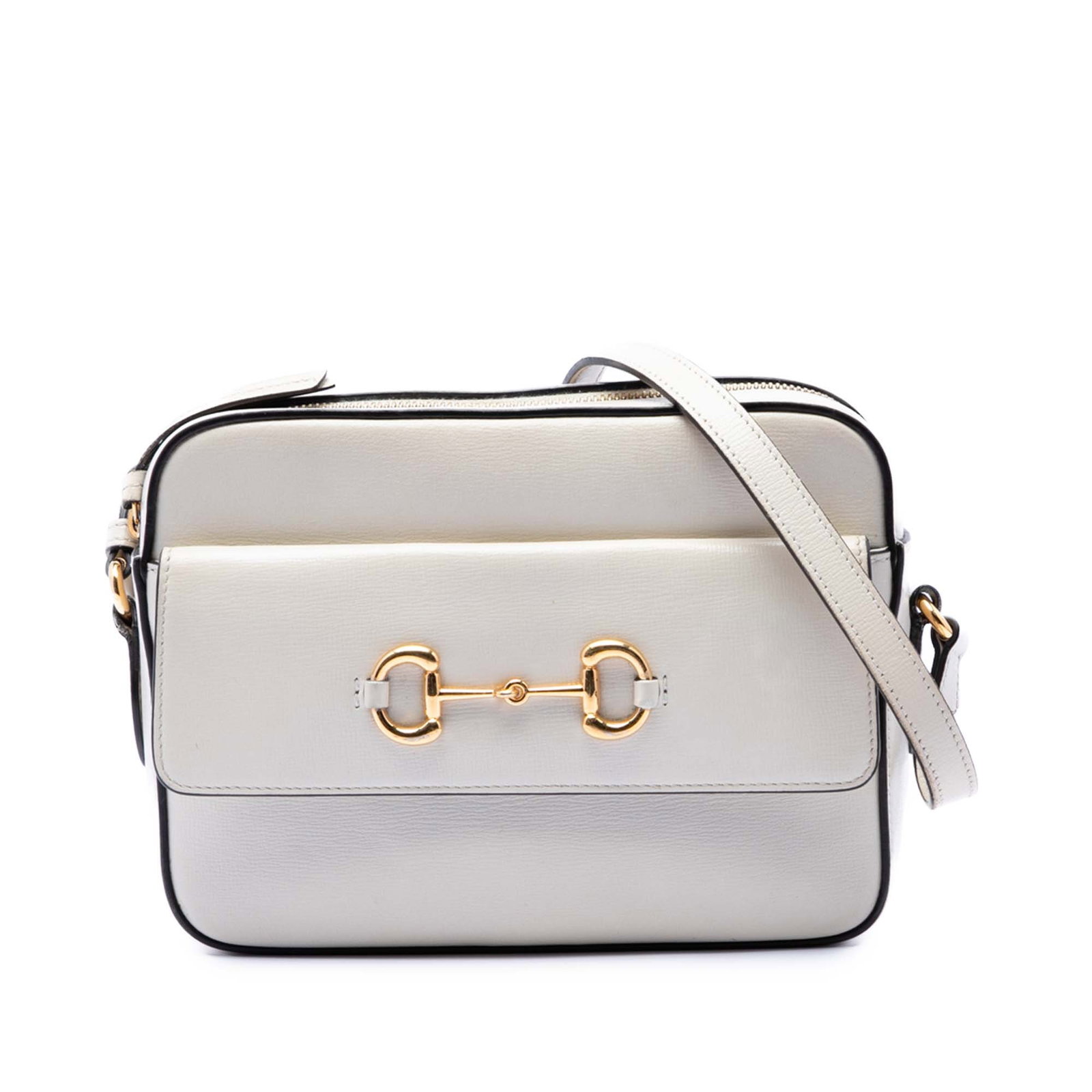Gucci Horsebit 1955 white leather crossbody camera bag: Gucci Horsebit 1955 white leather crossbody camera bag This Gucci Small Leather Horsebit 1955 Camera Bag is crafted from white leather and features an adjustable flat leather strap, a top zip closure,