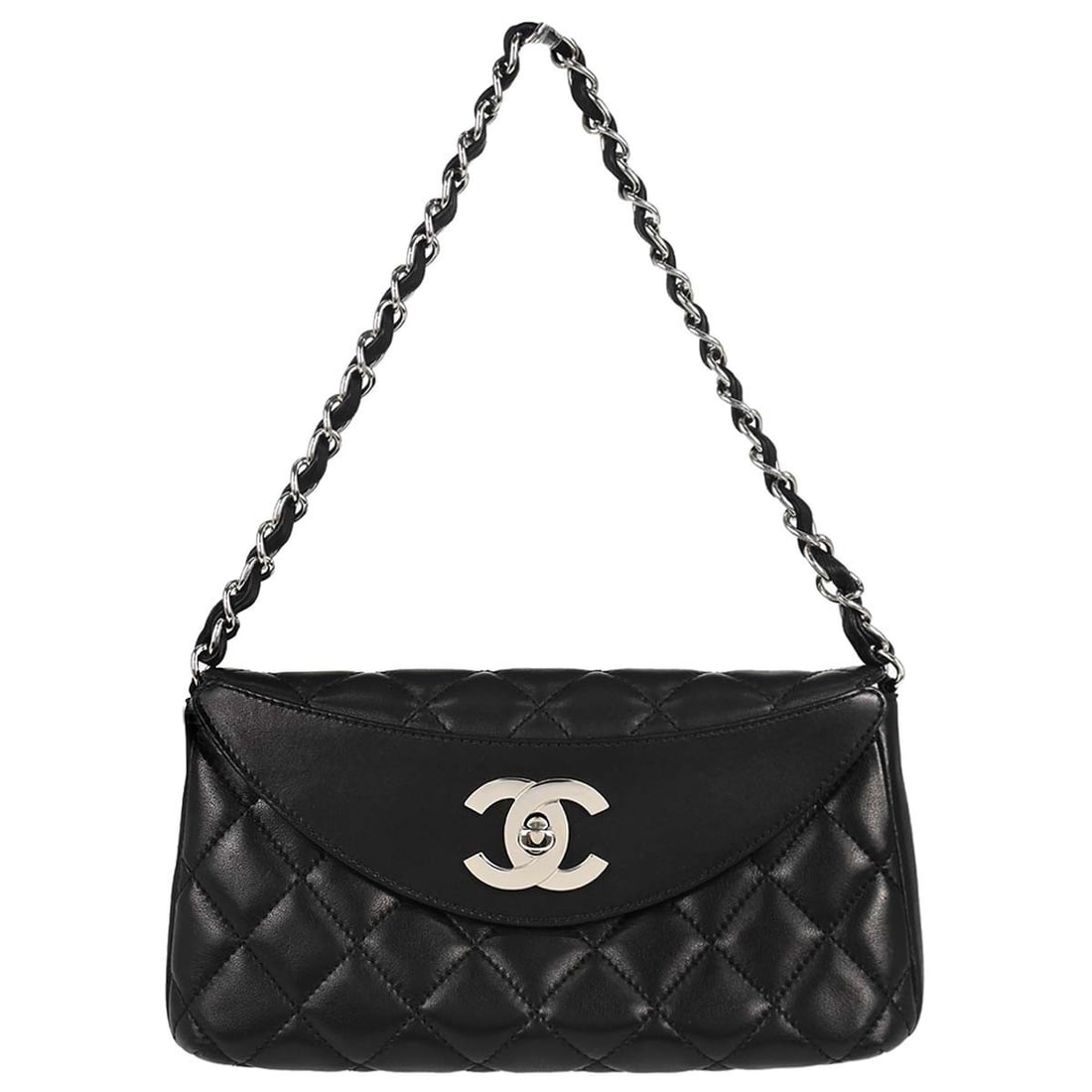 CHANEL medium top handle handbag black lambskin turn lock: CHANEL medium top handle handbag black lambskin turn lock Black Chanel top handle handbag in lambskin leather, made in Italy. It features a turn lock closure, a medium size profile, and a top handle w