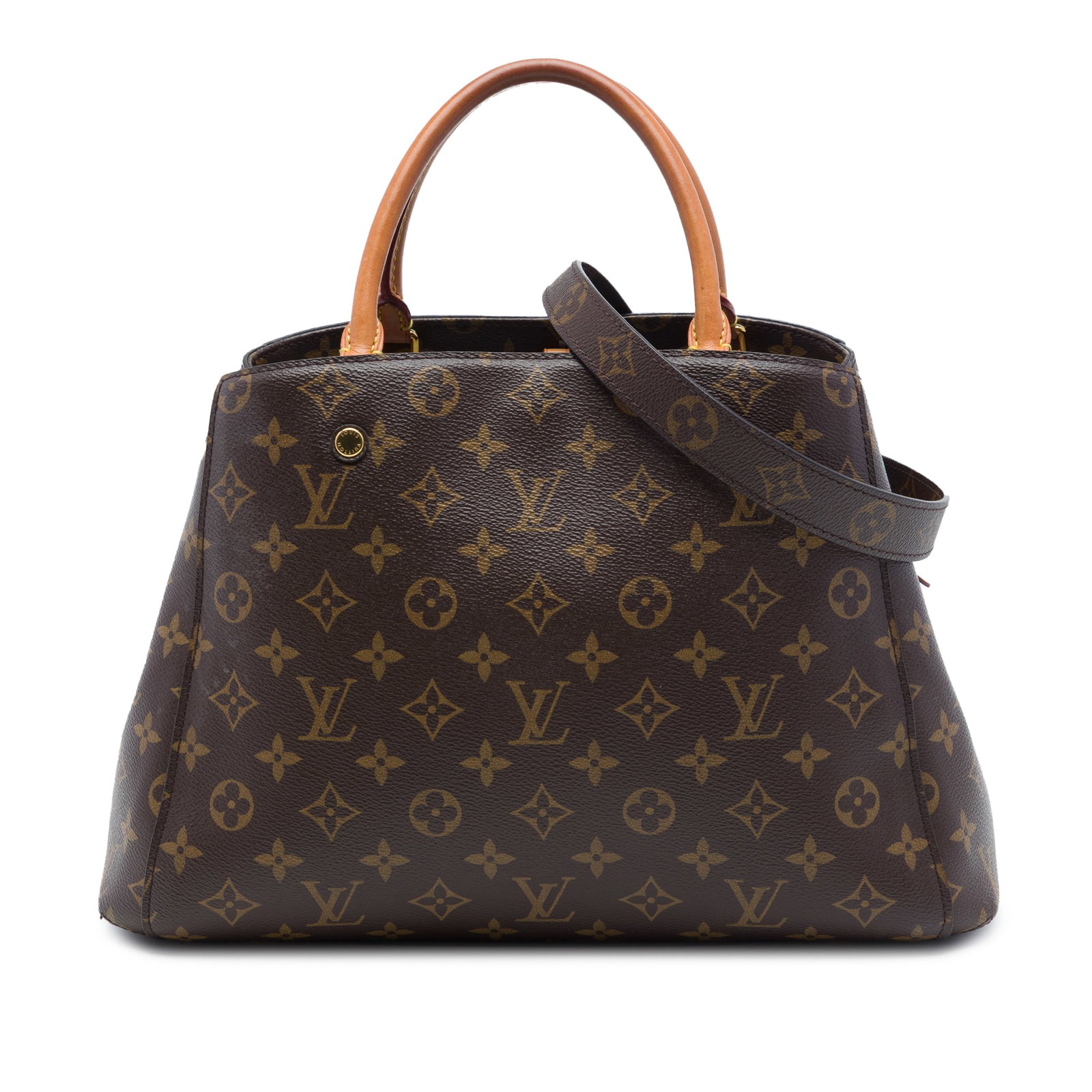 Louis Vuitton Montaigne MM Monogram Canvas Satchel Bag: Louis Vuitton Montaigne MM Monogram Canvas Satchel Bag Louis Vuitton Monogram Montaigne MM handbag with a monogram canvas body, rolled vachetta leather handles, a detachable flat strap, and a clasp cl