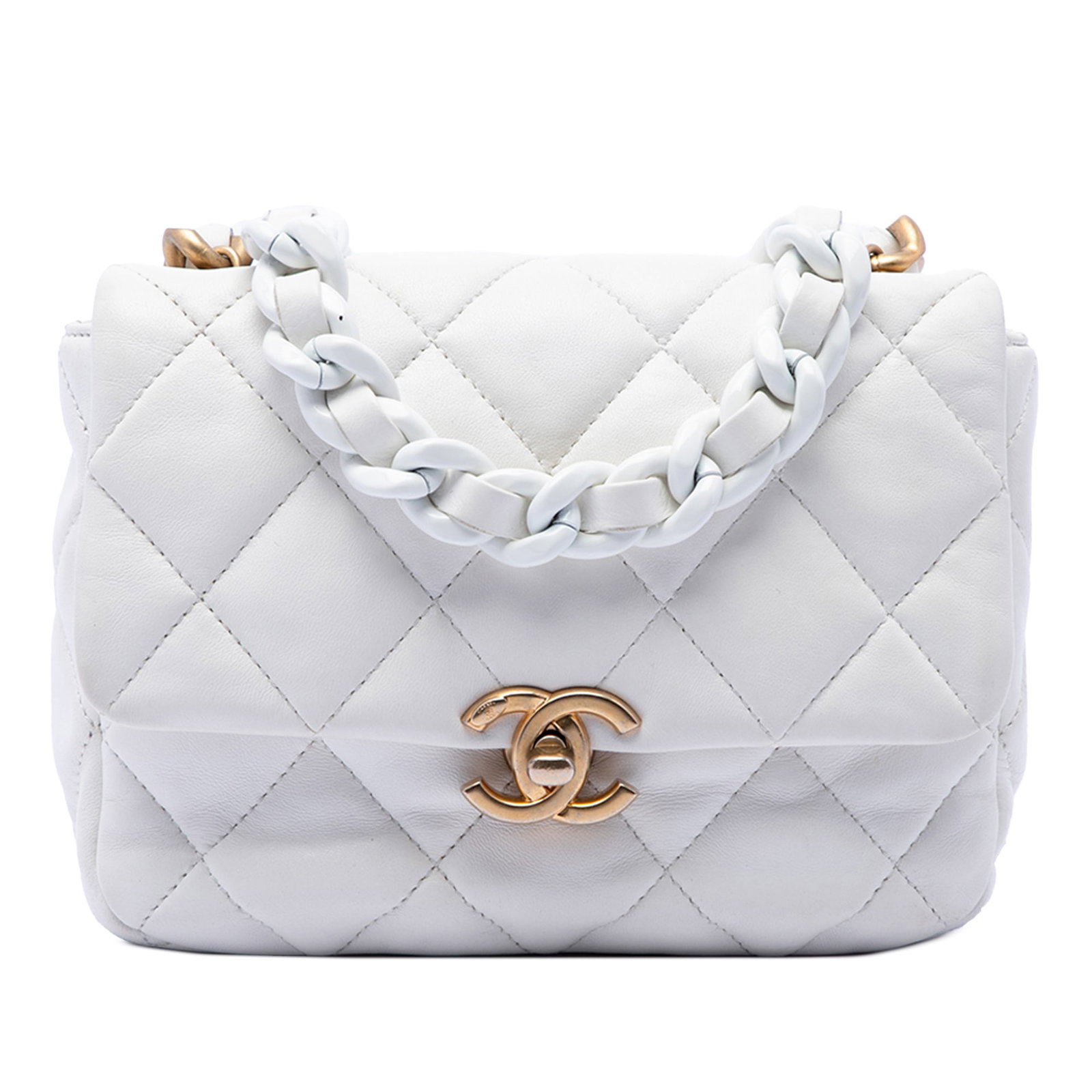 Chanel Mini Flap Crossbody Bag Quilted White Lambskin: Chanel Mini Flap Crossbody Bag Quilted White Lambskin A Chanel Mini Quilted Lambskin Lacquered Chain Flap crossbody bag in white, made in Italy. It features a lambskin body, a leather-woven chain stra