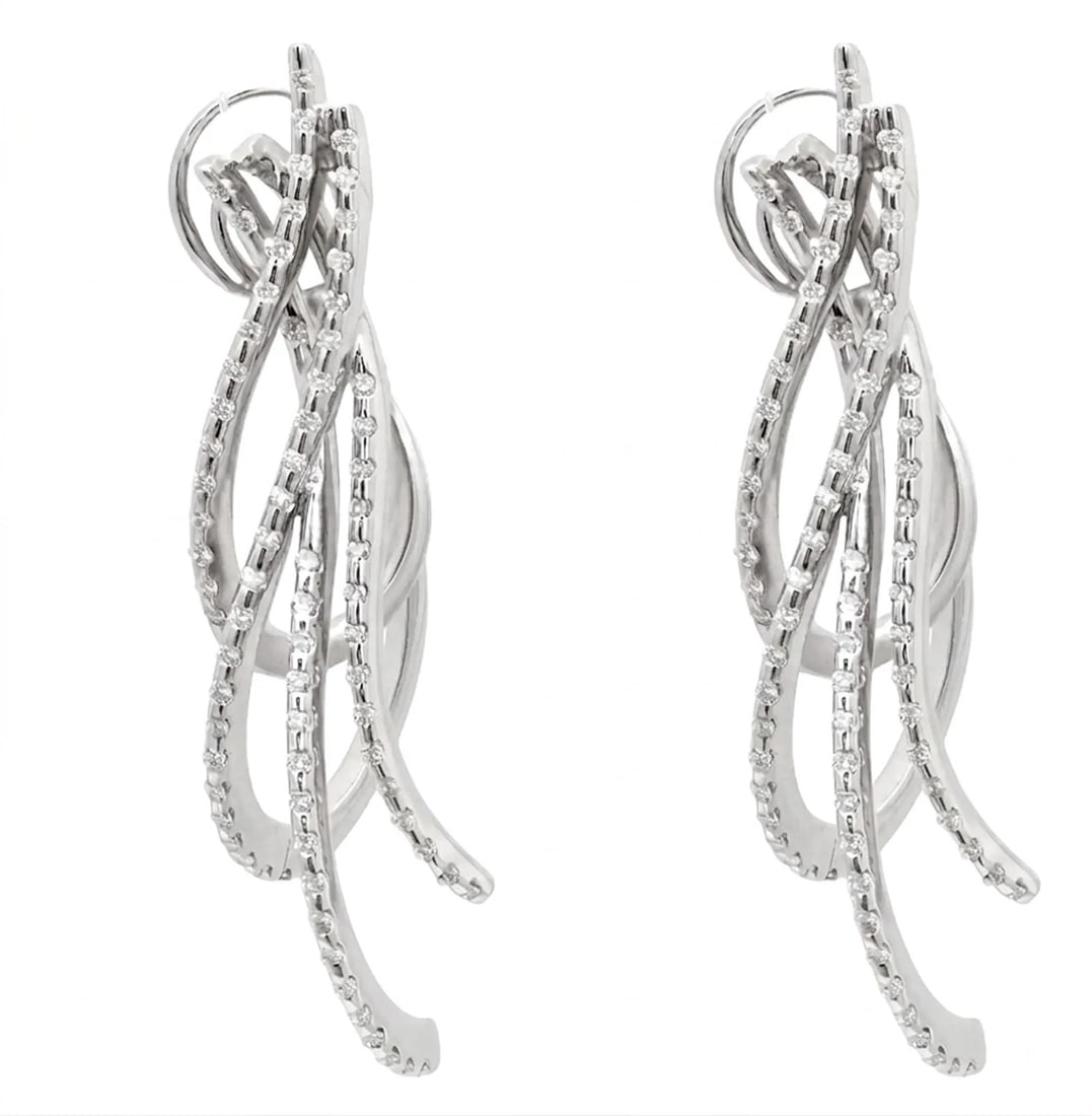 Crivelli 18K White Gold Diamond Dangle Earrings 1.04ctw Ribbon Design: Crivelli 18K White Gold Diamond Dangle Earrings 1.04ctw Ribbon Design Authentic Crivelli cascading ribbon design dangle earrings crafted in 18K white gold and set with natural pave-set round brilliant