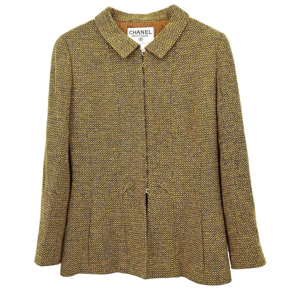 CHANEL 96A Brown Tweed Mid Length Jacket FR 42: CHANEL 96A Brown Tweed Mid Length Jacket FR 42 Vintage Chanel single-breasted tweed jacket in a mid-length silhouette. This women's jacket is made in France and features long sleeves and two exterior 