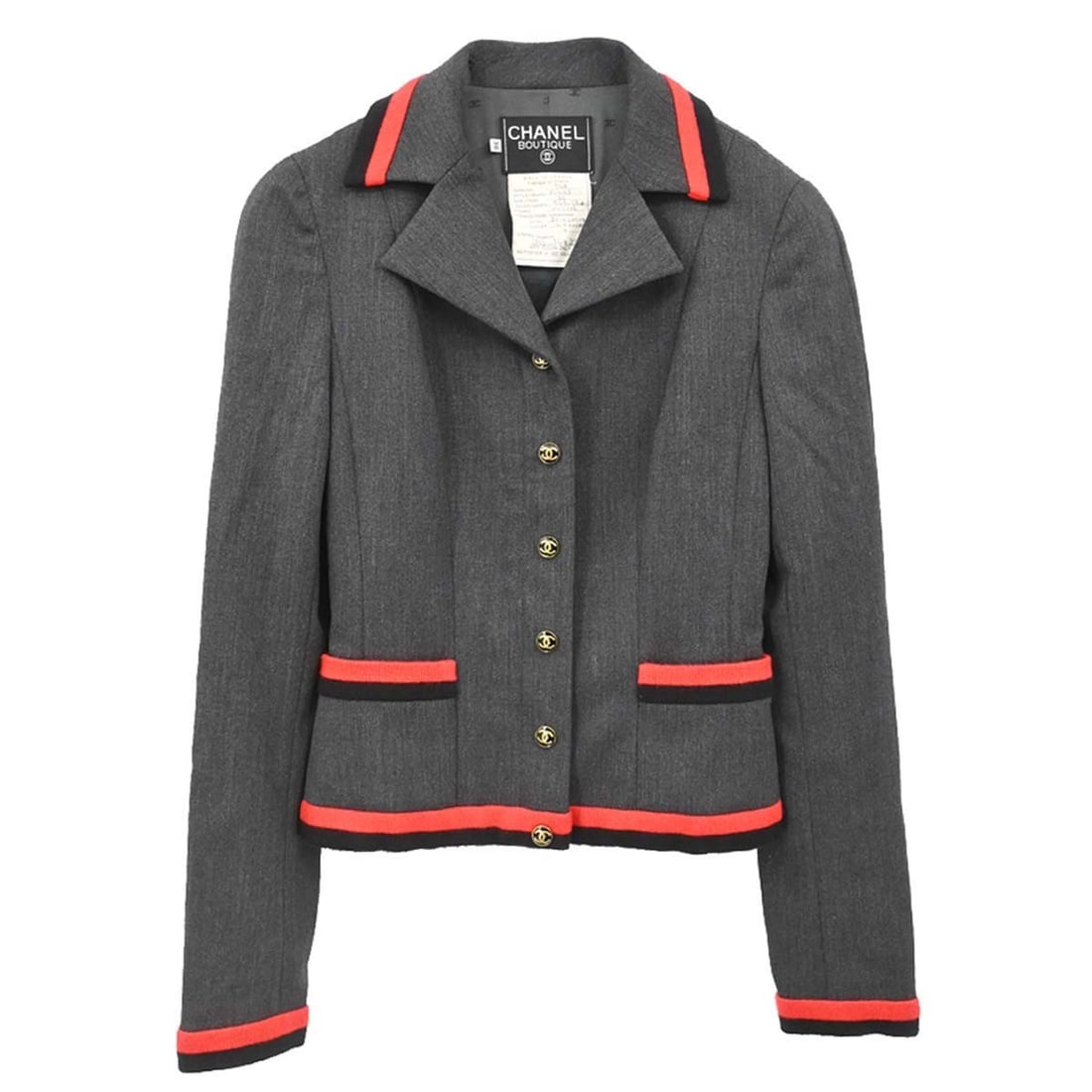 Chanel 94A Gray Wool Lycra Women's Button Jacket FR 36: Chanel 94A Gray Wool Lycra Women's Button Jacket FR 36 Vintage Chanel single-breasted jacket in gray with long sleeves, a regular fit, and button closure. Made in France, this women's basic jacket is 