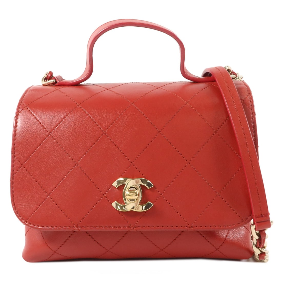 CHANEL CC Red Calfskin Top Handle Shoulder Bag with Double Pockets: CHANEL CC Red Calfskin Top Handle Shoulder Bag with Double Pockets A CHANEL CC GHW Double Pocket Top Handle 2 Way Shoulder Bag in red calfskin leather. It features a top handle and shoulder strap for 
