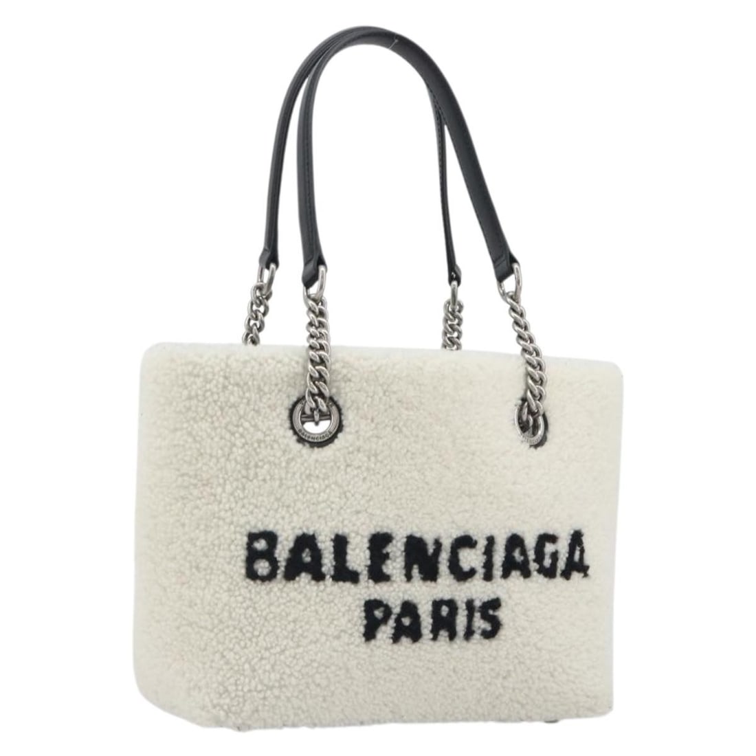 Balenciaga 759941 Duty Free Wool Tote White Silver: Balenciaga 759941 Duty Free Wool Tote White Silver Balenciaga Duty Free tote bag in white and silver wool with dual handles and an included dust bag. Made in Italy, this women's tote is in excellent c