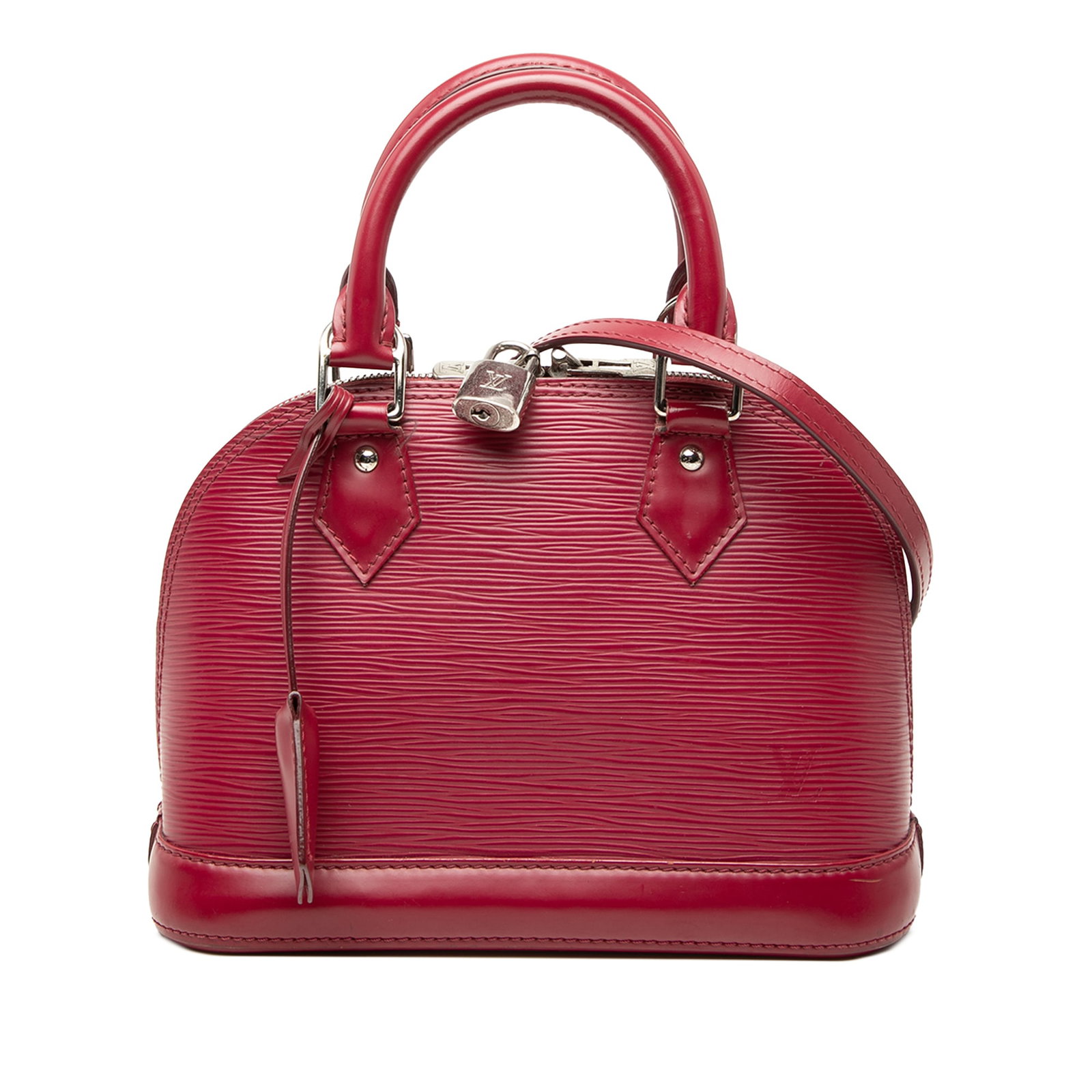 Louis Vuitton Alma BB red Epi leather handbag: Louis Vuitton Alma BB red Epi leather handbag Louis Vuitton Alma BB in red Epi leather with rolled top handles, a detachable flat leather shoulder strap, and a top zip closure. Made in France. Conditi