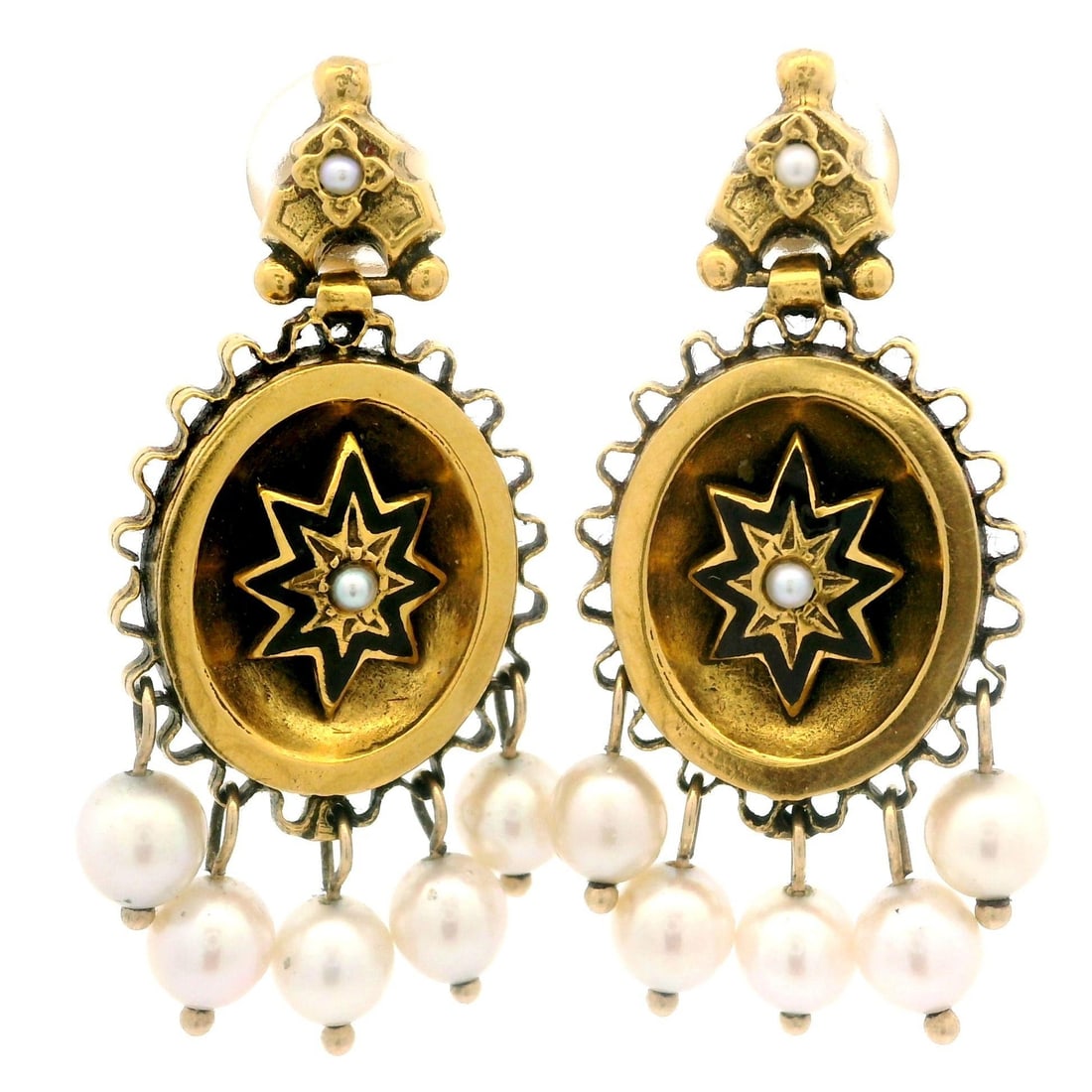 Victorian Revival 14k Yellow Gold Pearl Black Enamel Dangle Earrings: Victorian Revival 14k Yellow Gold Pearl Black Enamel Dangle Earrings These exquisite Vintage Victorian Revival dangle earrings are crafted from 14k yellow gold and feature a stunning combination of ge
