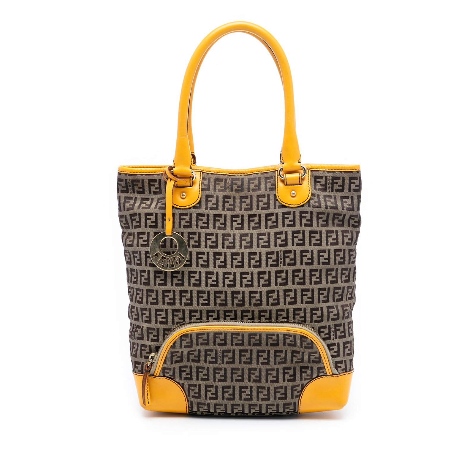 Fendi Zucchino Canvas Beige Tote with Leather Trim and Front Zip Pocket: Fendi Zucchino Canvas Beige Tote with Leather Trim and Front Zip Pocket The Fendi Zucchino Canvas Chef Front Pocket Shopping Tote is crafted from beige canvas with leather trim and features rolled lea