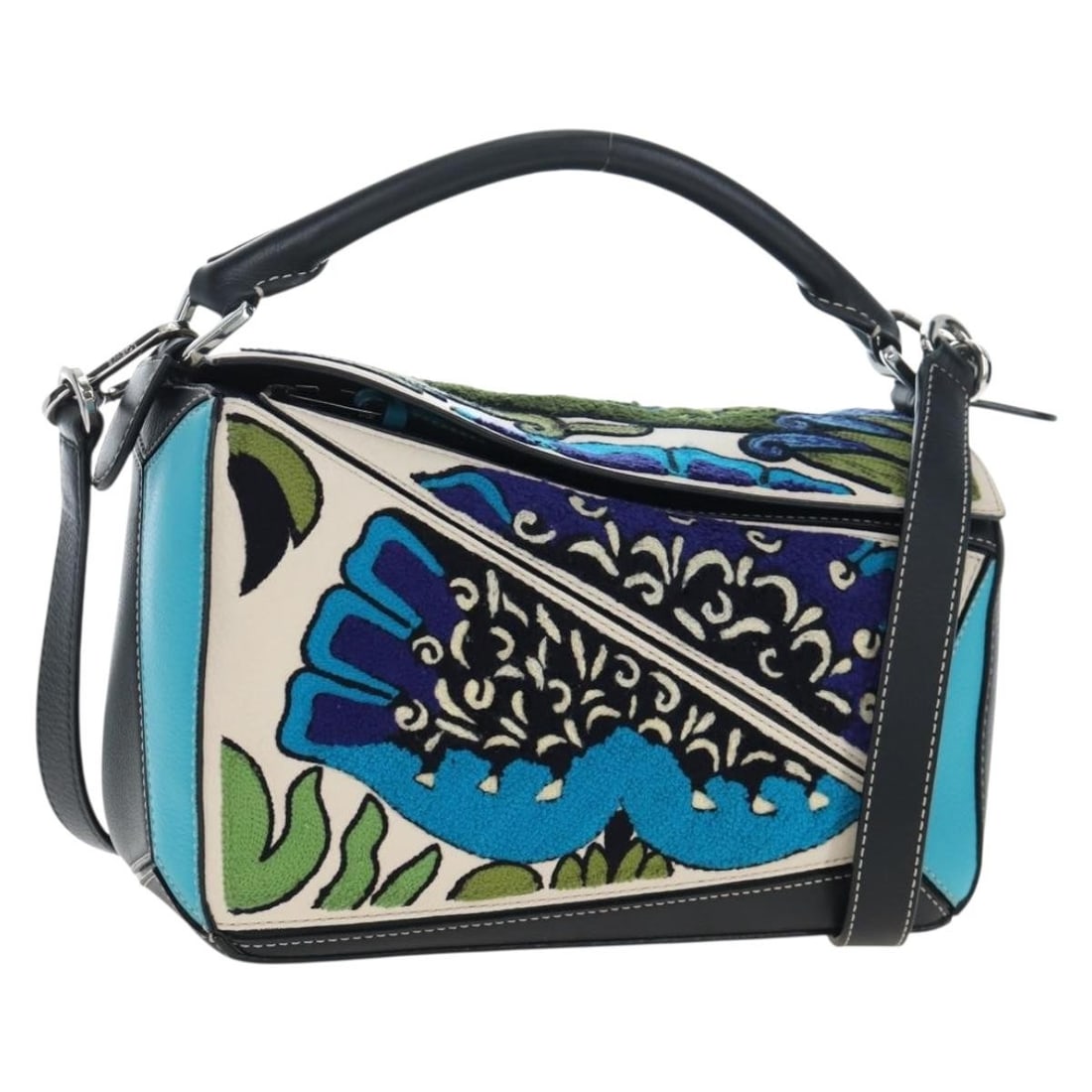 LOEWE William De Morgan Puzzle leather 2way handbag black silver: LOEWE William De Morgan Puzzle leather 2way handbag black silver LOEWE Puzzle leather handbag from the William De Morgan collaboration, designed as a 2-way style with top handles and a removable shoul