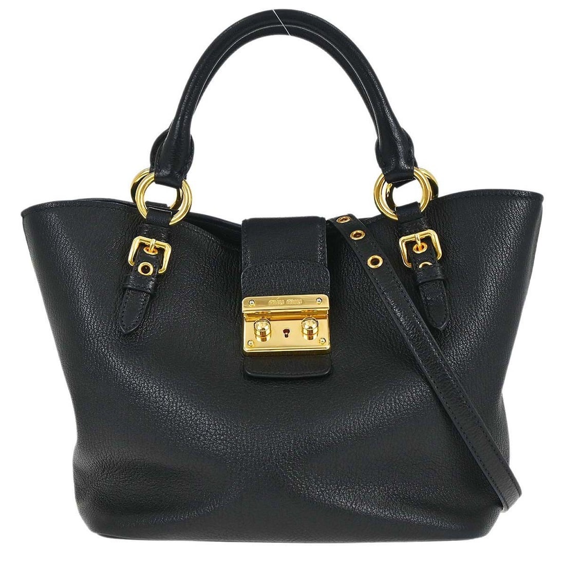 Miu Miu Chevre Leather Medium Tote Shoulder Bag Black 31 O 164: Miu Miu Chevre Leather Medium Tote Shoulder Bag Black 31 O 164 Miu Miu black Chevre leather 2-way tote bag with double handles and a removable shoulder strap. This medium women's bag features a black 