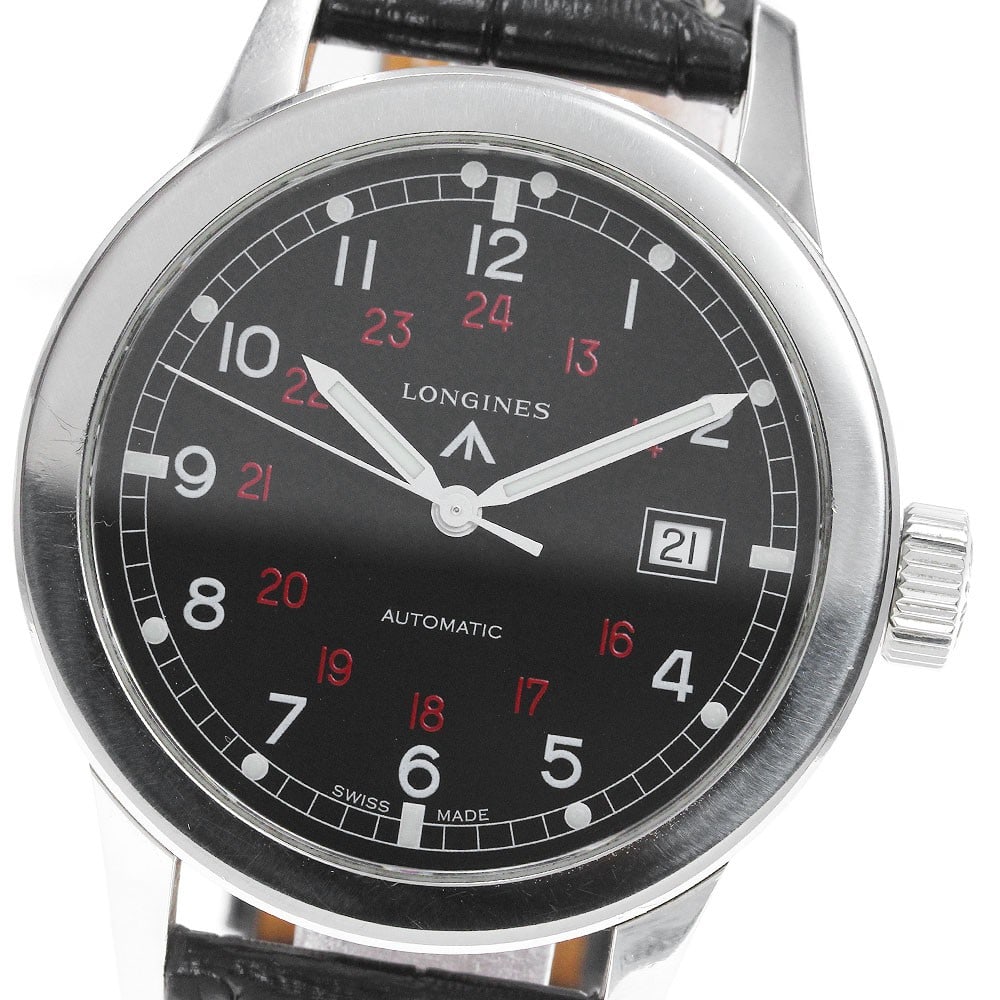 Longines Heritage Military Date Automatic Men's Stainless Steel Watch: Longines Heritage Military Date Automatic Men's Stainless Steel Watch This Longines Heritage Military Date Automatic men's wristwatch features a stainless steel case paired with a black dial and a lea