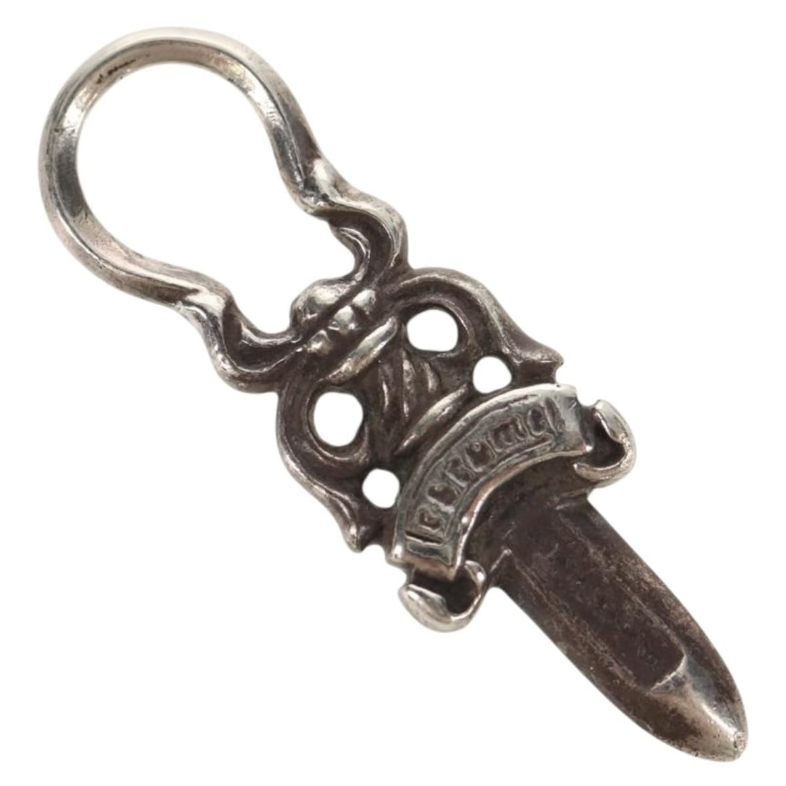 Chrome Hearts Ag925 Silver Dagger Charm Pendant Top: Chrome Hearts Ag925 Silver Dagger Charm Pendant Top Authentic Chrome Hearts dagger pendant top charm in silver. This women's charm shows reasonable wear and tear, including slight surface scratches an