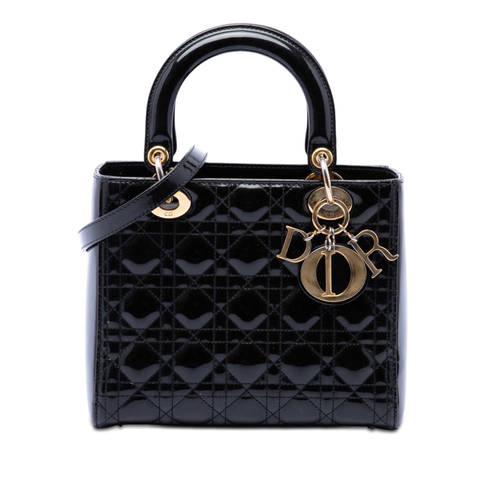 Dior Lady Dior Medium Cannage Patent Leather Handbag Black: Dior Lady Dior Medium Cannage Patent Leather Handbag Black Medium patent cannage Lady Dior bag in black, featuring a quilted patent leather body, flat leather top handles, a detachable flat leather st