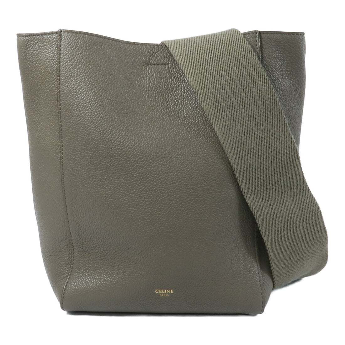 CELINE Sangle Small Bucket Shoulder Bag Gray Calfskin Gold Tone: CELINE Sangle Small Bucket Shoulder Bag Gray Calfskin Gold Tone Celine Sangle Bucket Small shoulder bag in gray calfskin leather. This women's shoulder bag features an interior with one open pocket an
