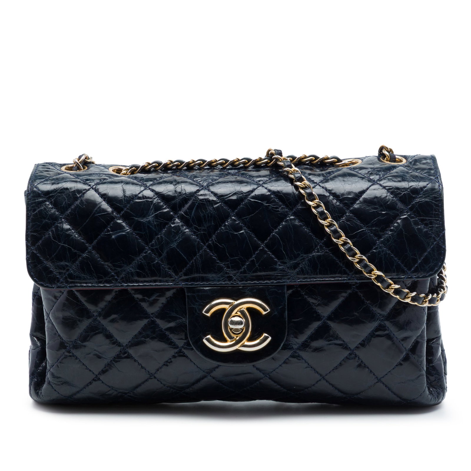 Chanel Accordion Flap Crossbody Blue Quilted Crackled Calfskin Bag: Chanel Accordion Flap Crossbody Blue Quilted Crackled Calfskin Bag Chanel CC Quilted Crackled Glazed Calfskin Accordion Flap crossbody bag in blue leather. This bag features a quilted leather body, a 