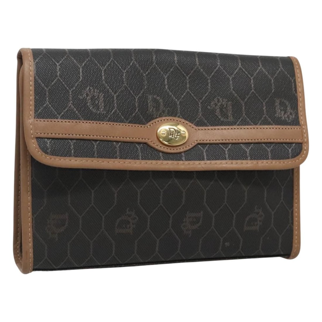 Honeycomb Pattern Black PVC Pouch with Gold Accents by Christian Dior: Honeycomb Pattern Black PVC Pouch with Gold Accents by Christian Dior This Christian Dior pouch features a distinctive honeycomb canvas design with black and gold PVC leather accents. Crafted in Franc
