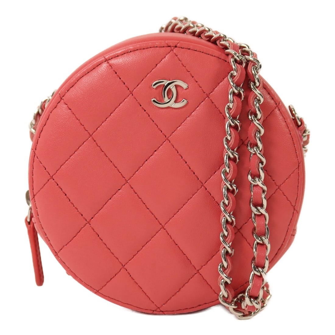 CHANEL AP0245 Pink Lambskin Round Chain Shoulder Bag CC SHW: CHANEL AP0245 Pink Lambskin Round Chain Shoulder Bag CC SHW A CHANEL round chain shoulder bag in pink lambskin (sheep leather) with silver-tone hardware. The bag is identified as model AP0245 and is d