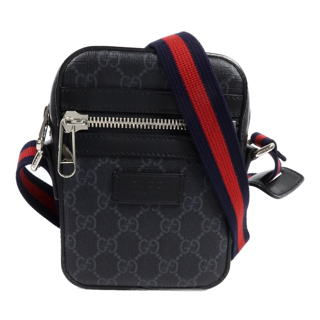 Gucci 598103 GG Supreme coated canvas shoulder bag black: Gucci 598103 GG Supreme coated canvas shoulder bag black Gucci GG Supreme messenger shoulder bag in black PVC coated canvas with silver-tone hardware. This unisex shoulder bag features a zip pocket an
