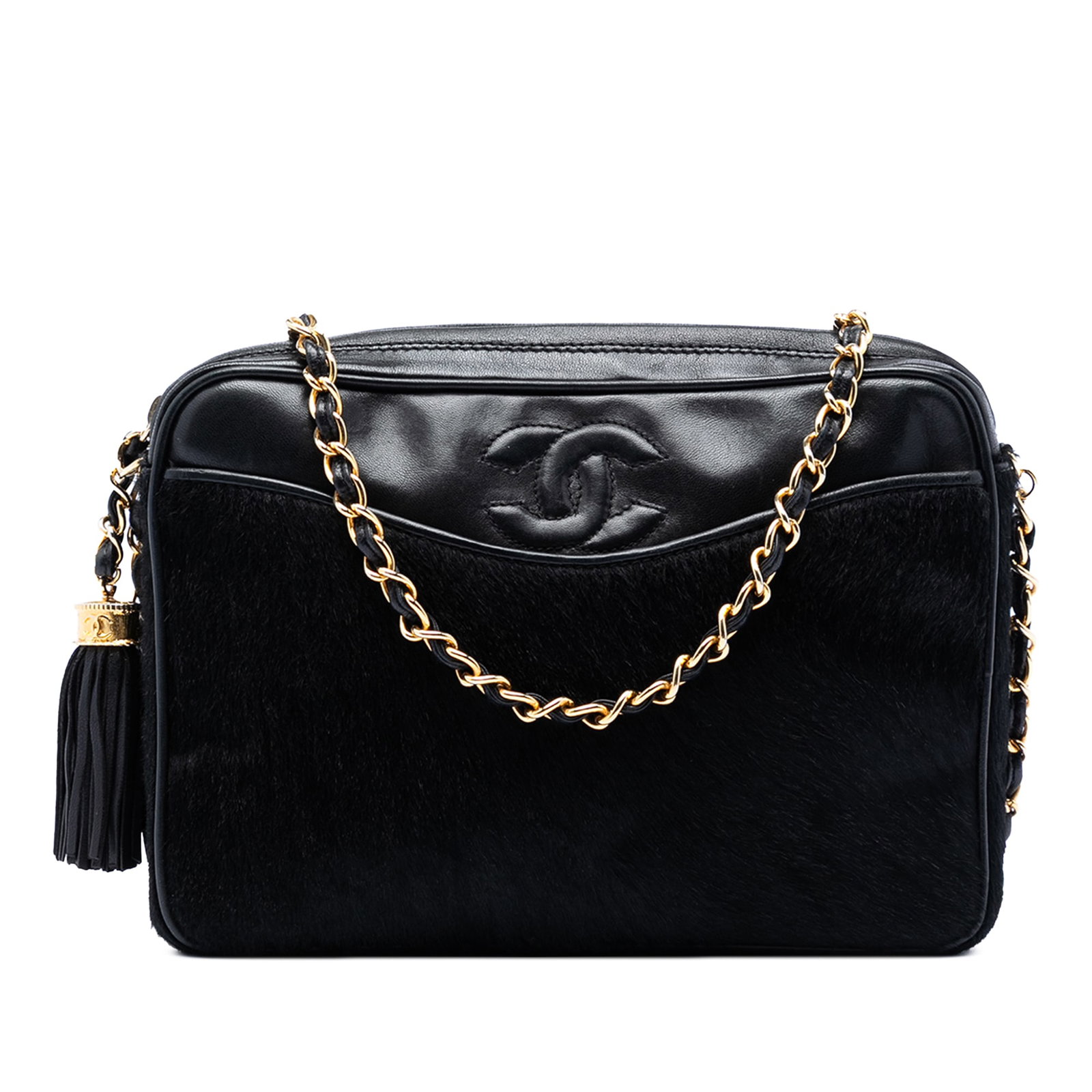 Chanel CC Tassel Camera Crossbody Bag Ponyhair Leather Black: Chanel CC Tassel Camera Crossbody Bag Ponyhair Leather Black This Chanel CC Ponyhair and Leather Tassel Camera Bag is a crossbody bag made with a ponyhair body and leather trim. It features a leather-