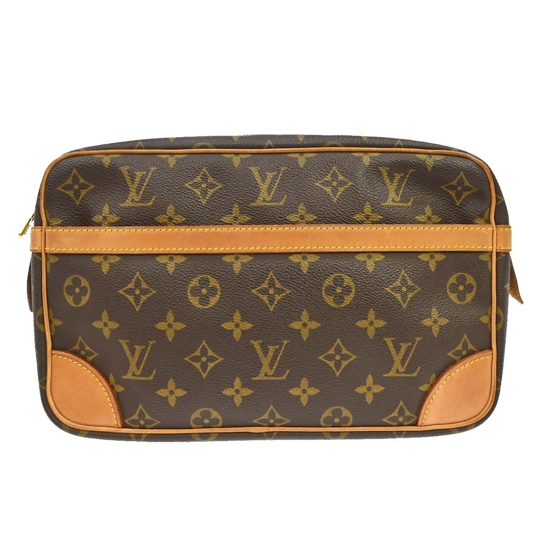 Louis Vuitton Compiegne 28 Monogram Canvas Clutch Bag M51845: Louis Vuitton Compiegne 28 Monogram Canvas Clutch Bag M51845 Vintage Louis Vuitton Compiegne 28 clutch handbag in brown monogram canvas with leather trim. This zip-closure bag features an exterior poc